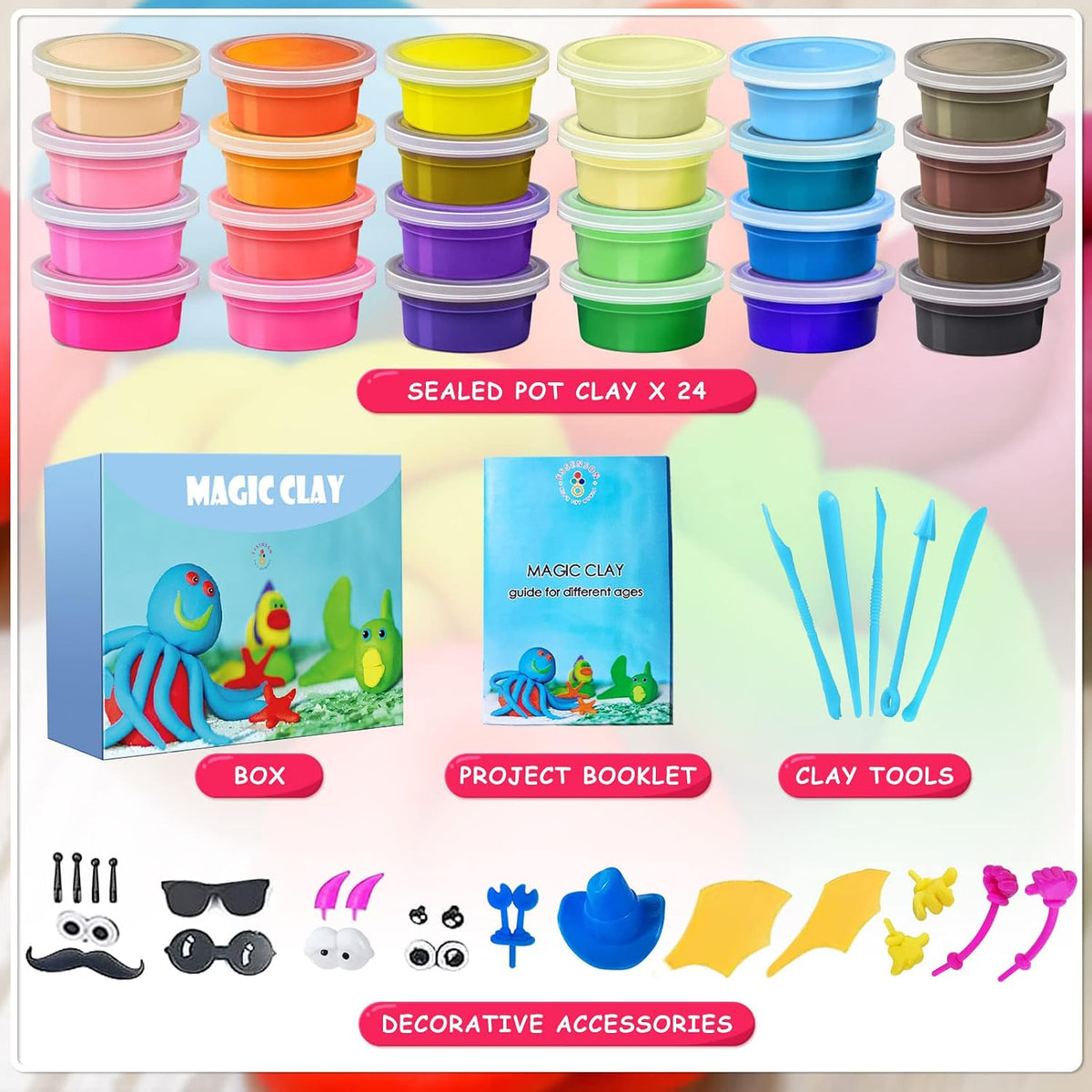 Air Dry Clay Sculpting Kit, 24 Colors with Animal Accessories