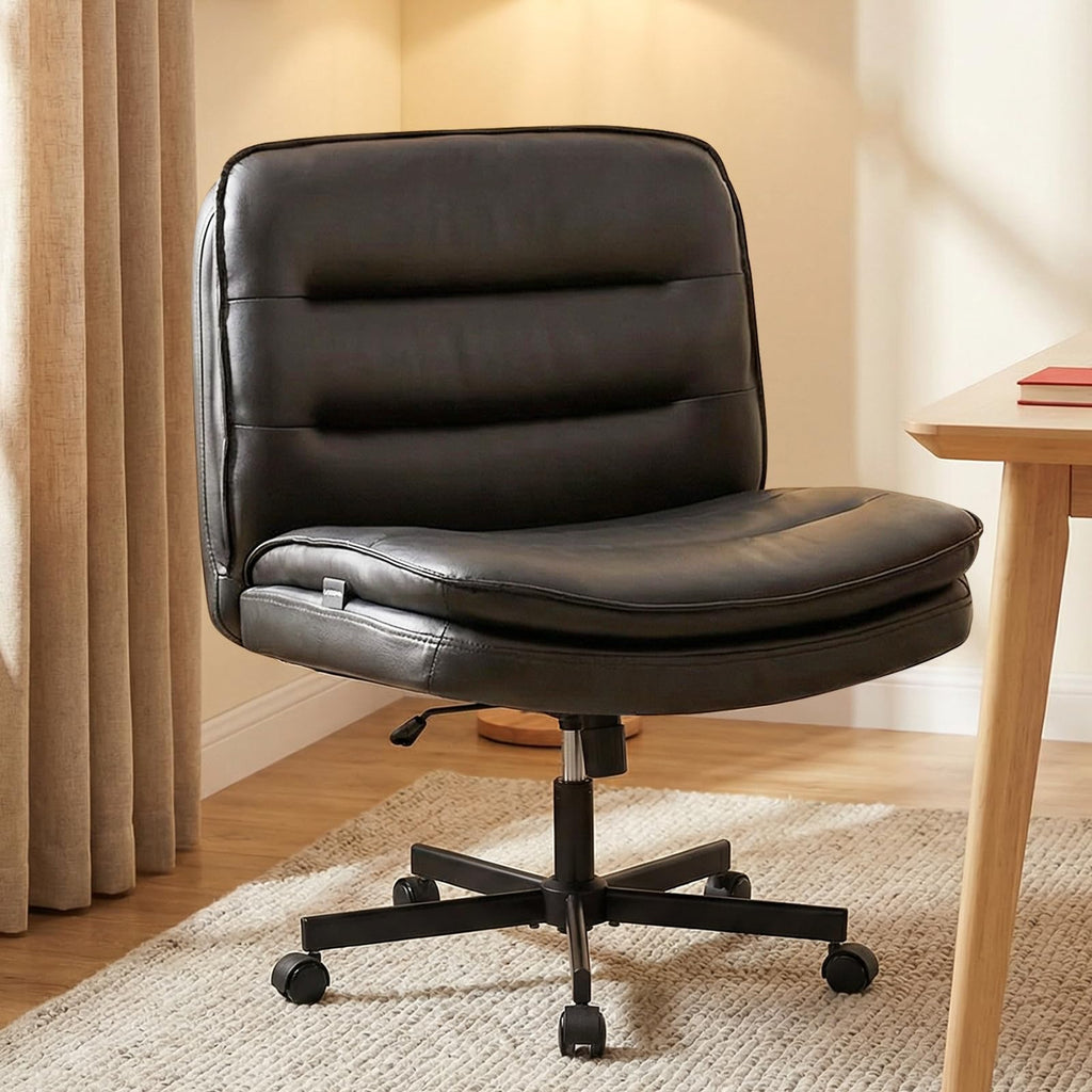 GTPLAYER Cross Legged Office Chair, Armless Desk Chair Cute Vanity Chair with Wheels Computer Chair Comfy Wide Office Chair Adjustable Swivel for Home Computer Task,Soft Velvet, Dark Grey