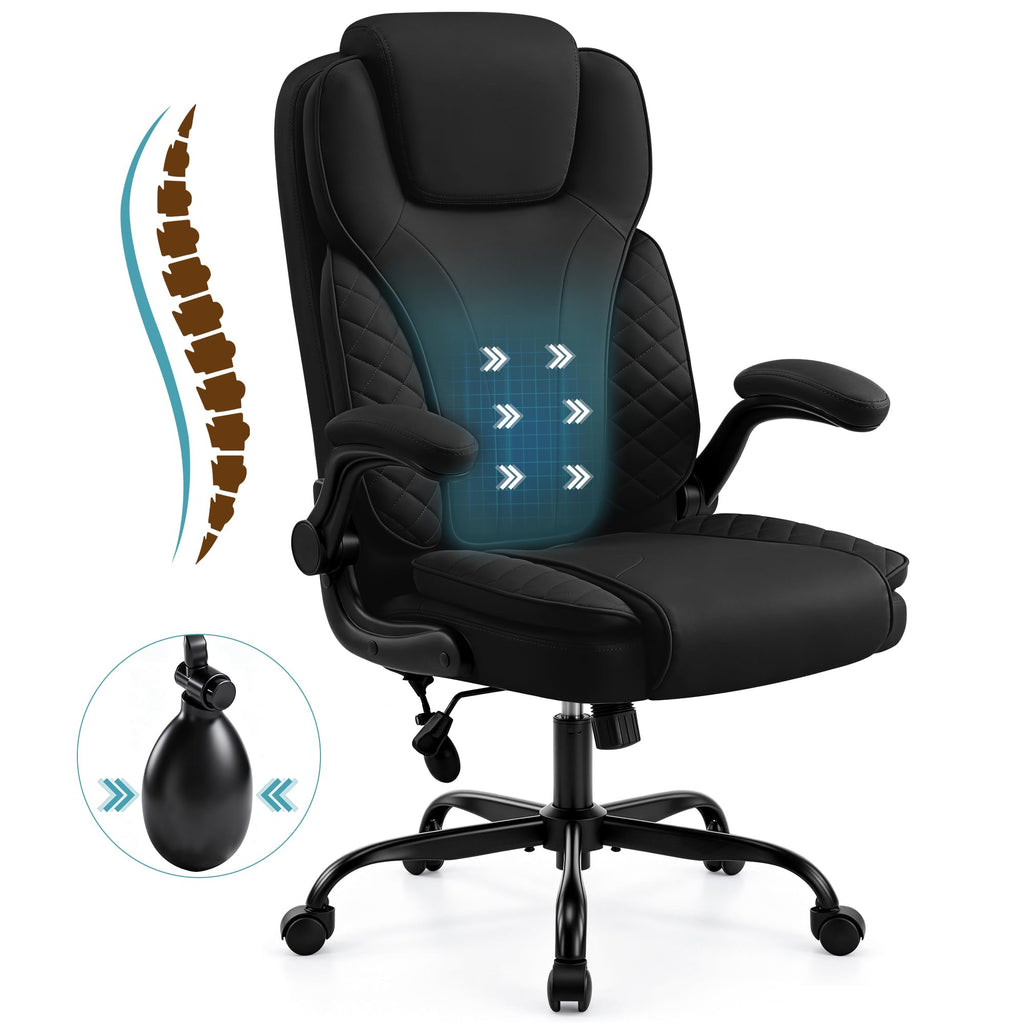 Ergonomic Office Chair, PU Leather High Back Executive Chair with Adjustable Inflatable Lumbar Support and Padded Flip-Up Arms, Recline Swivel Task Computer Chair for Home Office, Khaki