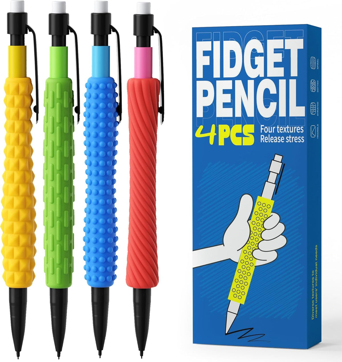 ELETIUO 4-in-1 Silent Fidget Pencil – Sensory Focus Tool for Stress Relief, ADHD, Autism & Anxiety. Fine Motor Skills Aid with Textured Silicone Sleeve for for Kids and Adults