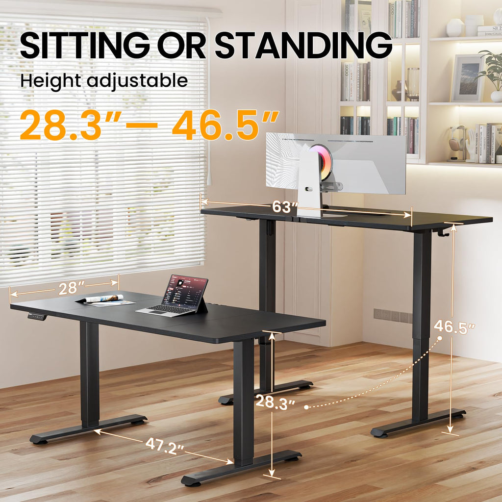 Veken 63"x28" Wider Large Standing Desk, Electric Height Adjustable, Brown