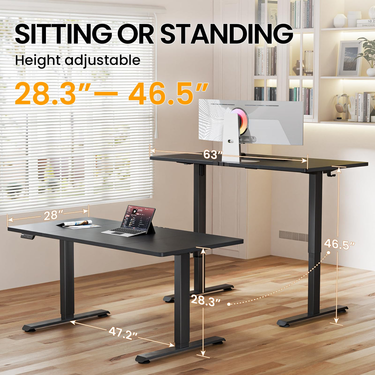 Veken 63"x28" Wider Large Standing Desk, Electric Height Adjustable, Brown
