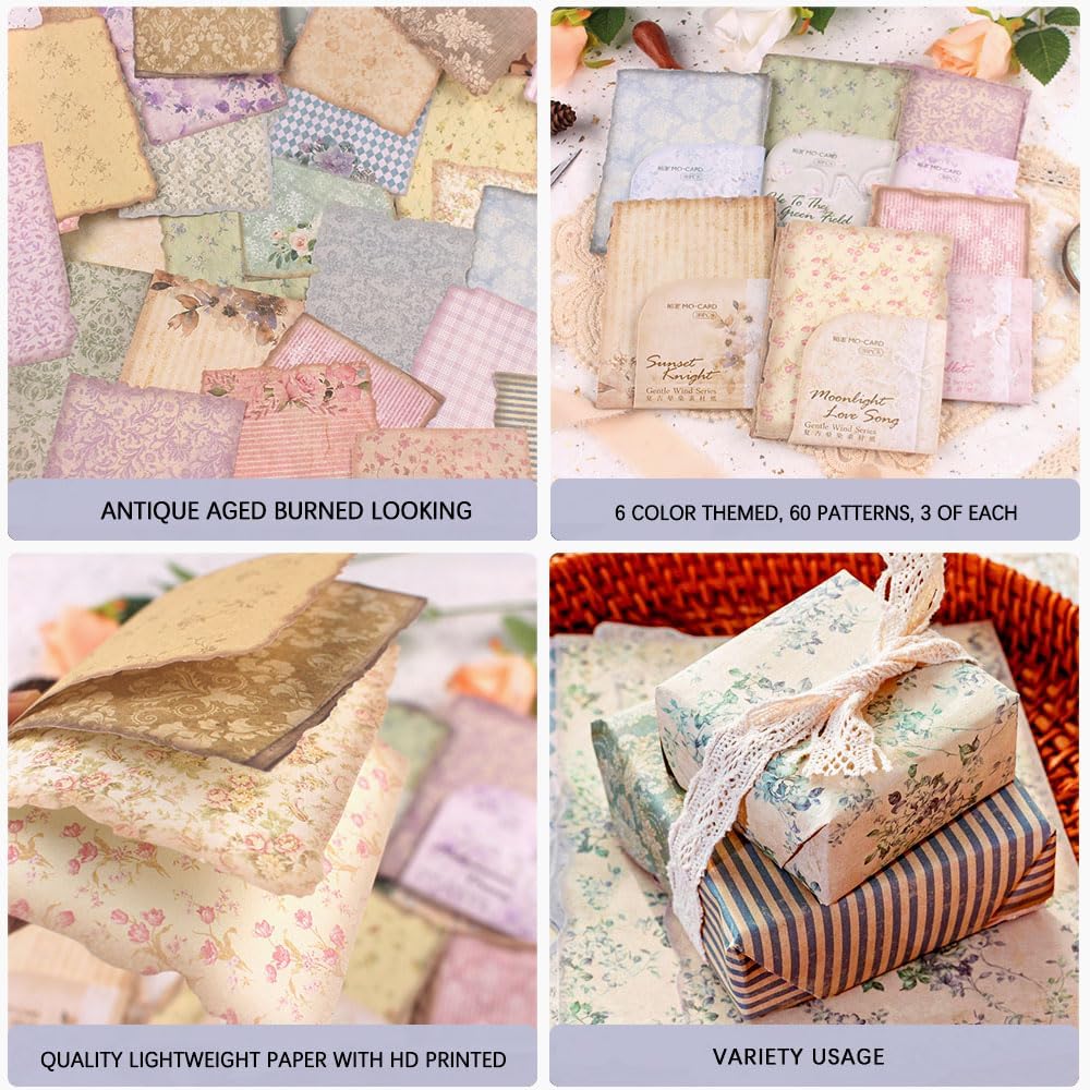 180 Sheets Vintage Scrapbook Paper, Journaling Scrapbooking Supplies, Antique Aged Looking Background Paper for Junk Journals Card Making Mixed Media Decoupage