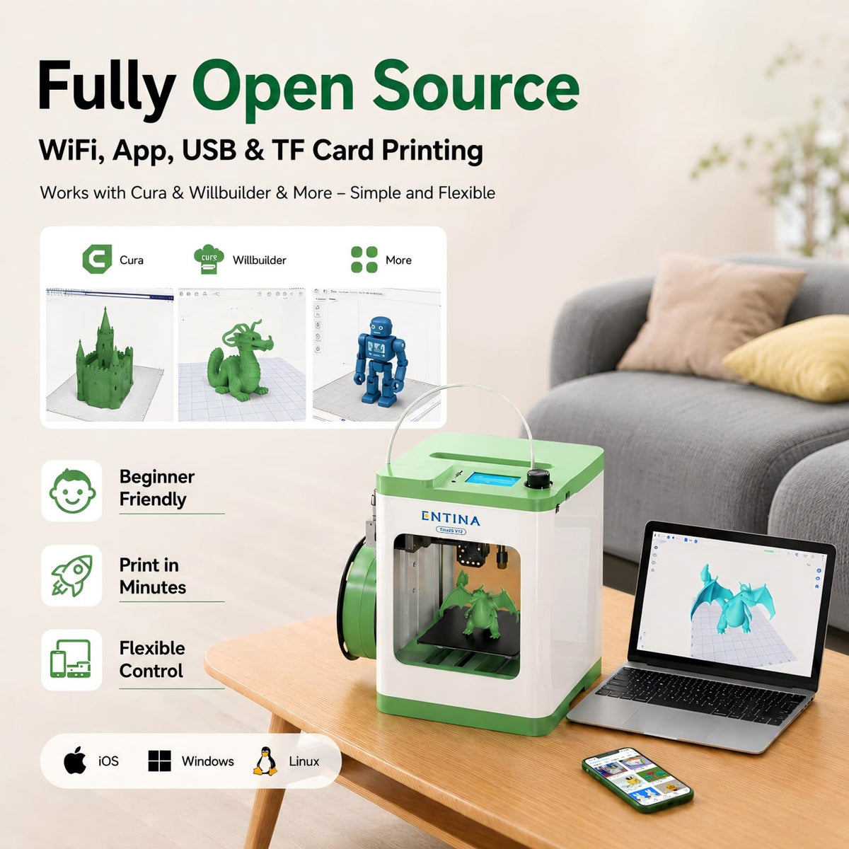 Entina Tina2C 3D Printer for Beginners, Fully Assembled Starter Mini 3D Printer, Start in 8 Mins, App & WiFi Control, Auto Leveling, 3500+ Model Library, 25+ Creative DIY Modules for STEM, Home