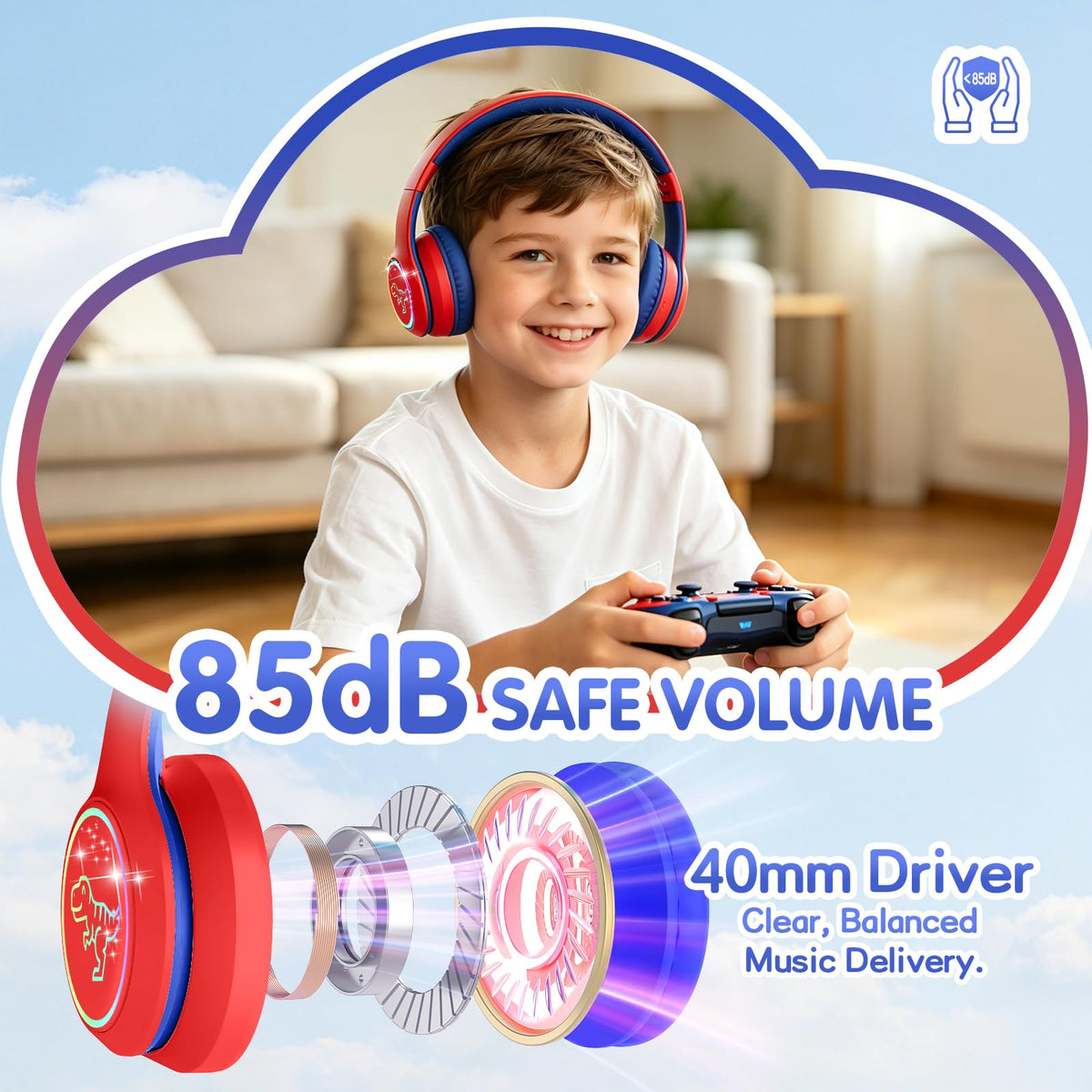 IFECCO Kids Bluetooth Headphones with Case,Cute LED Light Up Cat Ears