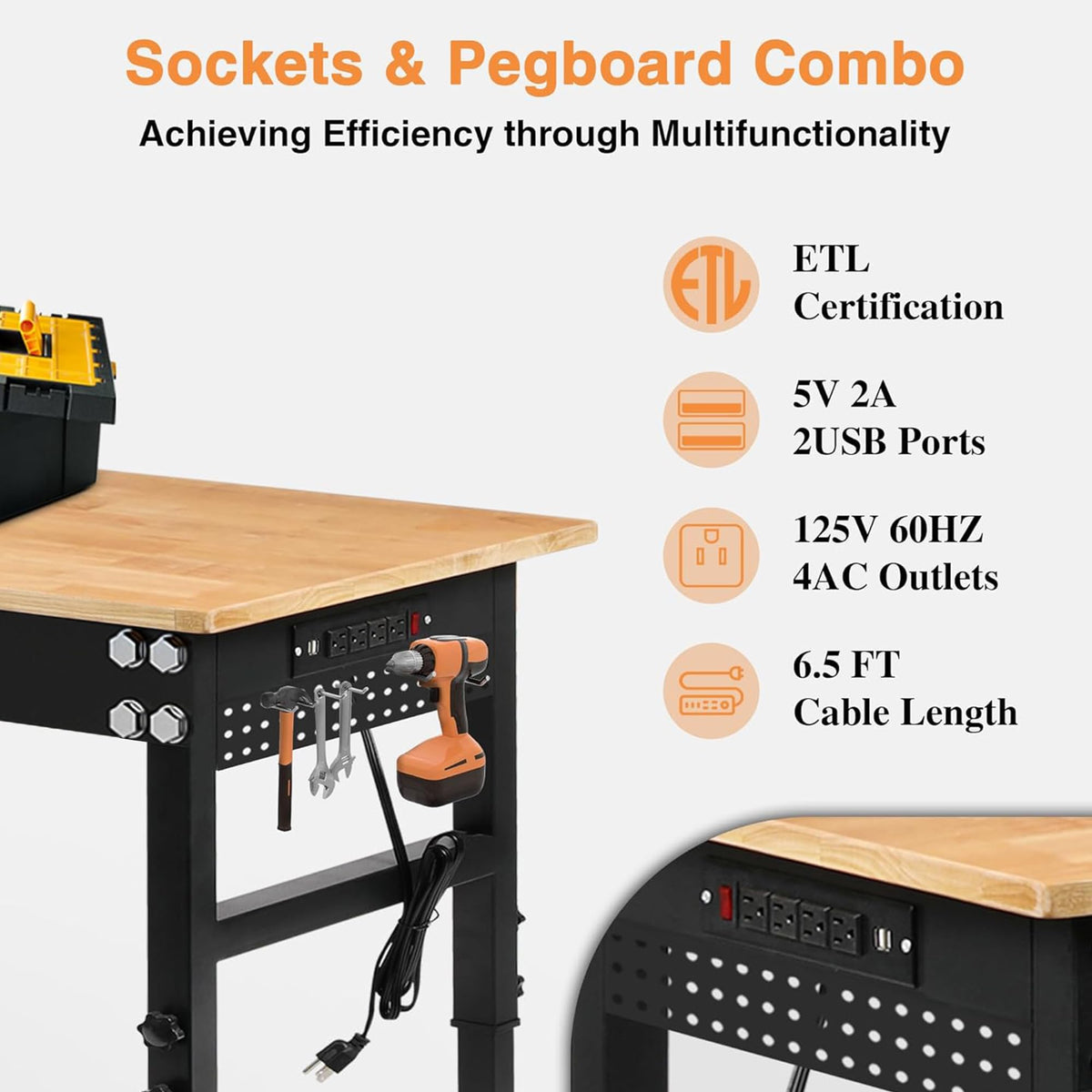 Betterhood 48" Heavy-Duty Adjustable Workbench for Garage, Rubber Wood Shop Table W/Metal Wheels, Hardwood Workstation Weight Capacity Over 2000 Lbs with Wheels