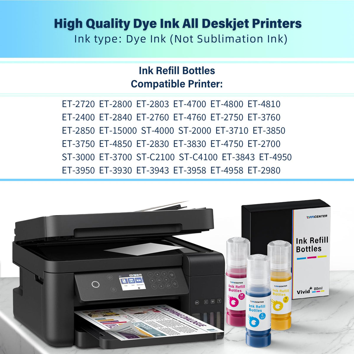 OFFICENTER Compatible Ink Refill Bottles for ET2760 ET-4760 ET2750 ET-3760 ET-2850 ET-15000 ST-4000 ST-2000 ET-3710 ET-3850 ET-3750 ET-4850 ET-3830 ET4750 ET2700 ST3000 ET3700 Printer(2BK C M Y)