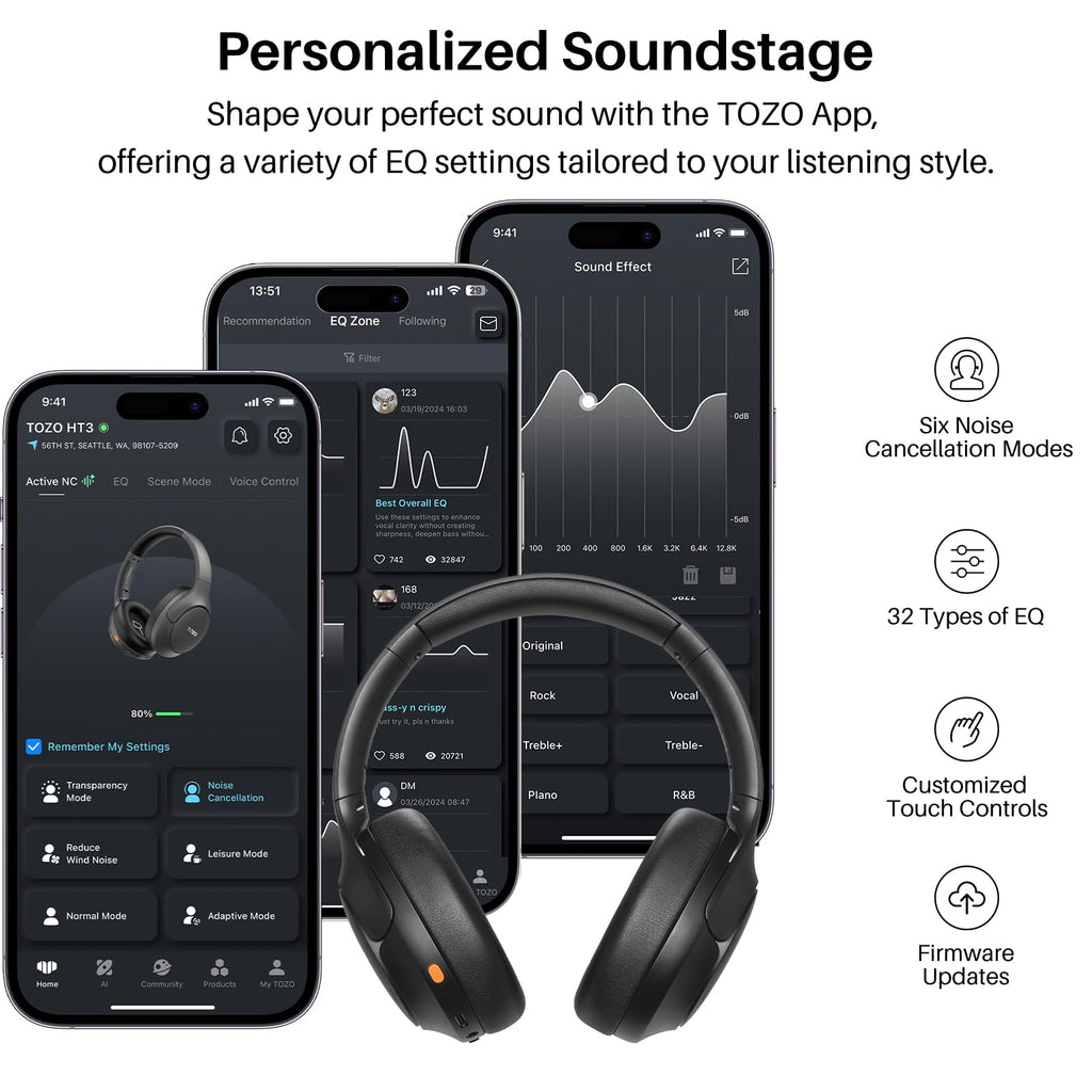 TOZO HT3 Hybrid Noise Cancelling Wireless Headphones, 90H Over Ear Headset