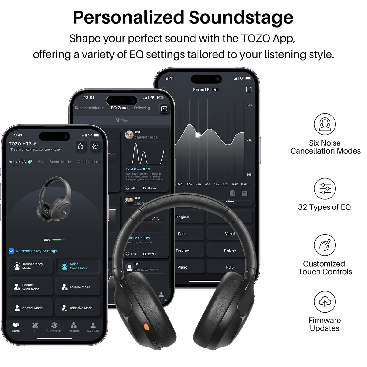 TOZO HT3 Hybrid Noise Cancelling Wireless Headphones, 90H Over Ear Headset