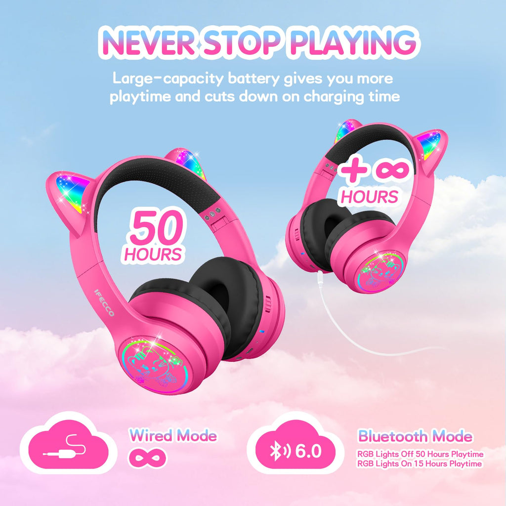 IFECCO Kids Bluetooth Headphones with Case,Cute LED Light Up Cat Ears