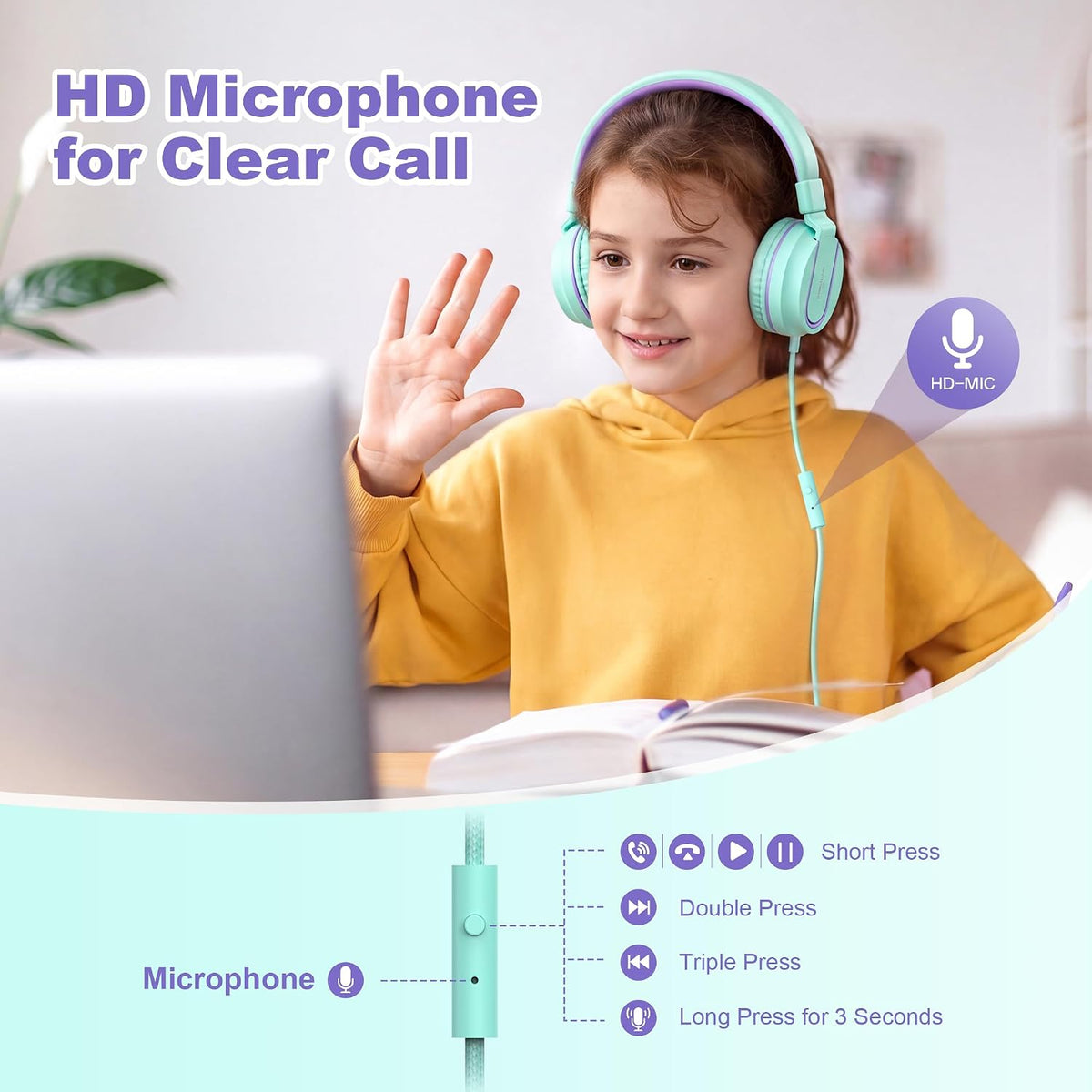 AILIHEN I35 Kids Headphones for School with Mic, 93dB Volume, Green Purple