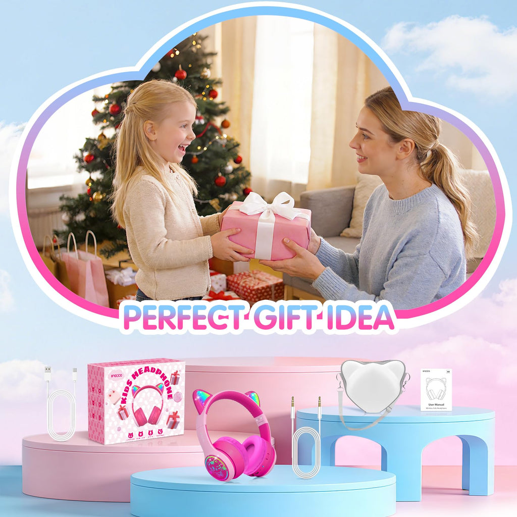 IFECCO Kids Bluetooth Headphones with Case,Cute LED Light Up Cat Ears