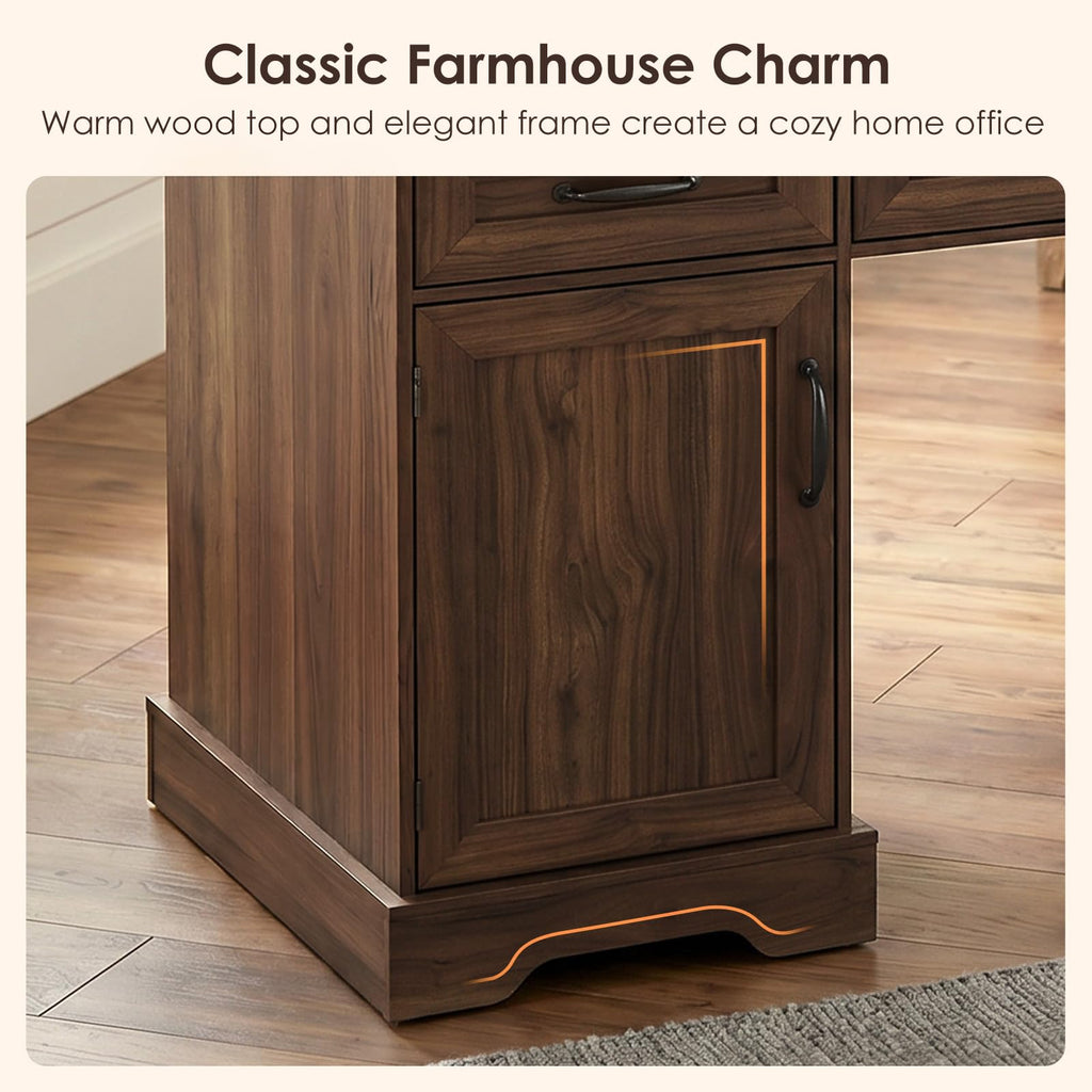 OffiGo Farmhouse 59 Inch Executive Desk with Drawers, Walnut+White