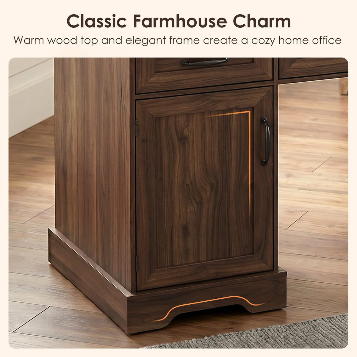 OffiGo Farmhouse 59 Inch Executive Desk with Drawers, Walnut+White