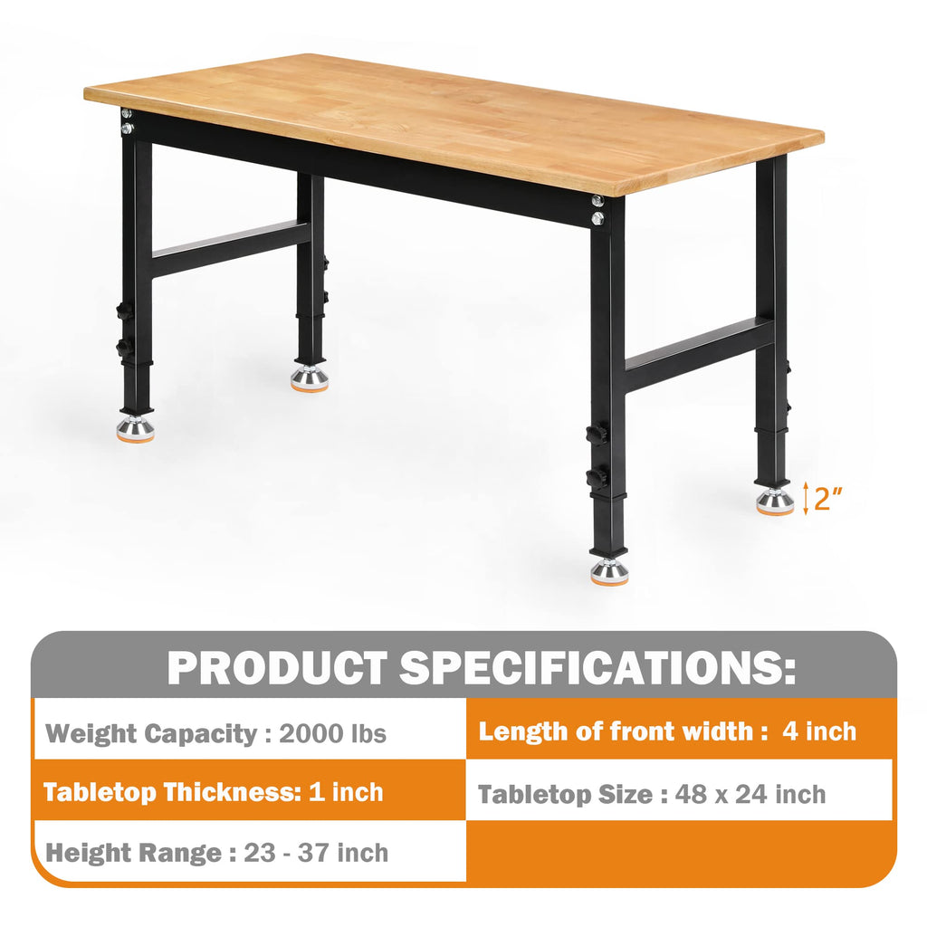Betterhood 48" Heavy-Duty Adjustable Workbench for Garage, Rubber Wood Shop Table W/Metal Wheels, Hardwood Workstation Weight Capacity Over 2000 Lbs with Wheels