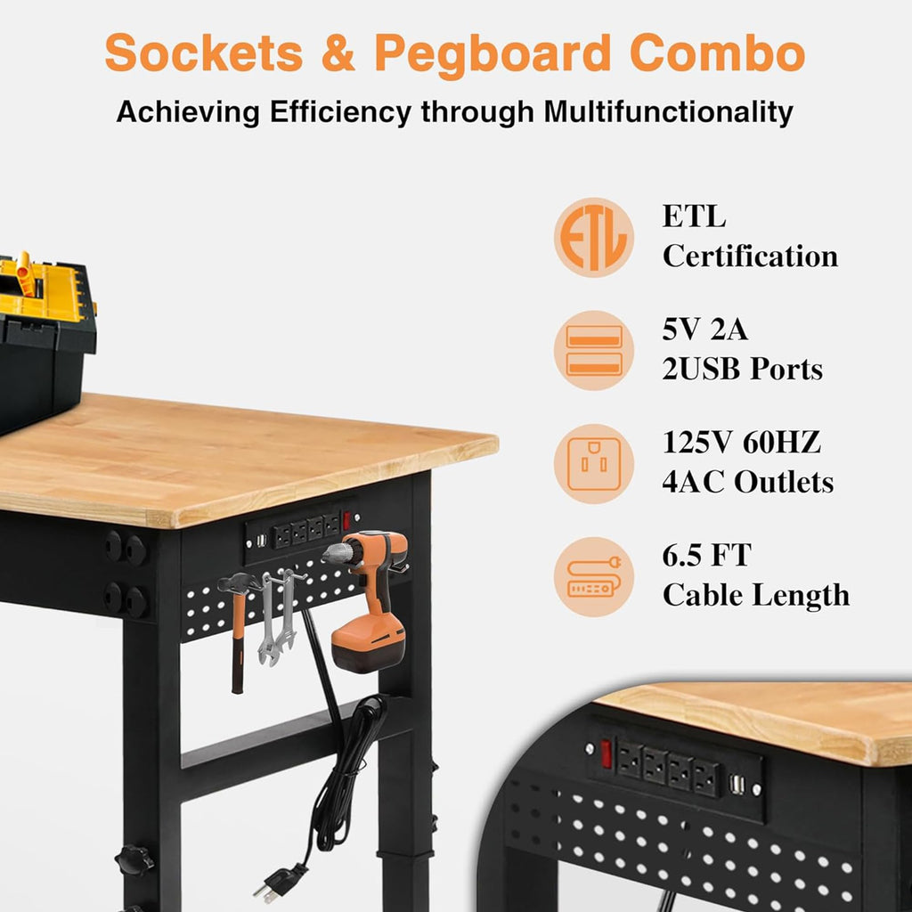 Betterhood 48" Heavy-Duty Adjustable Workbench for Garage, Rubber Wood Shop Table W/Metal Wheels, Hardwood Workstation Weight Capacity Over 2000 Lbs with Wheels