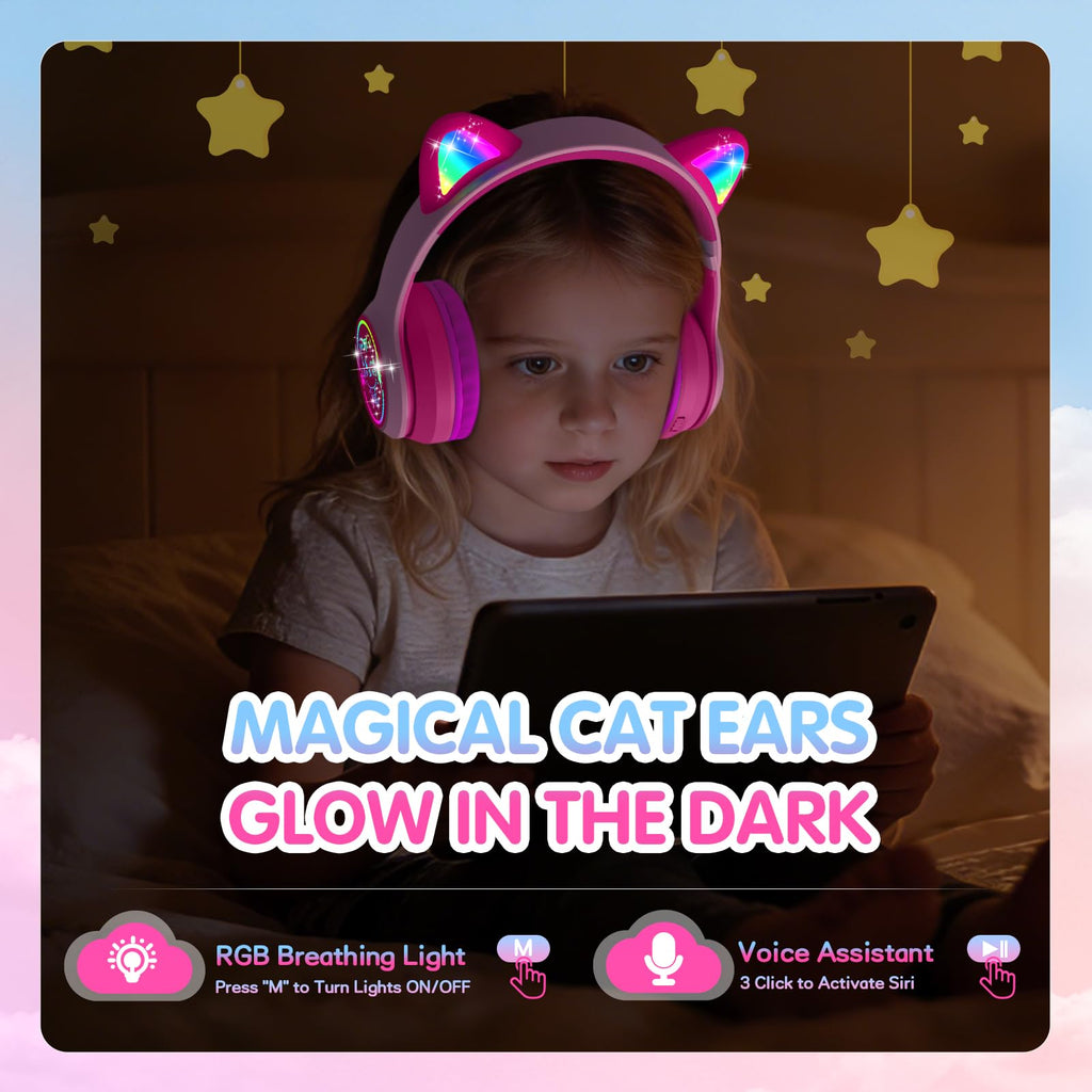 IFECCO Kids Bluetooth Headphones with Case,Cute LED Light Up Cat Ears