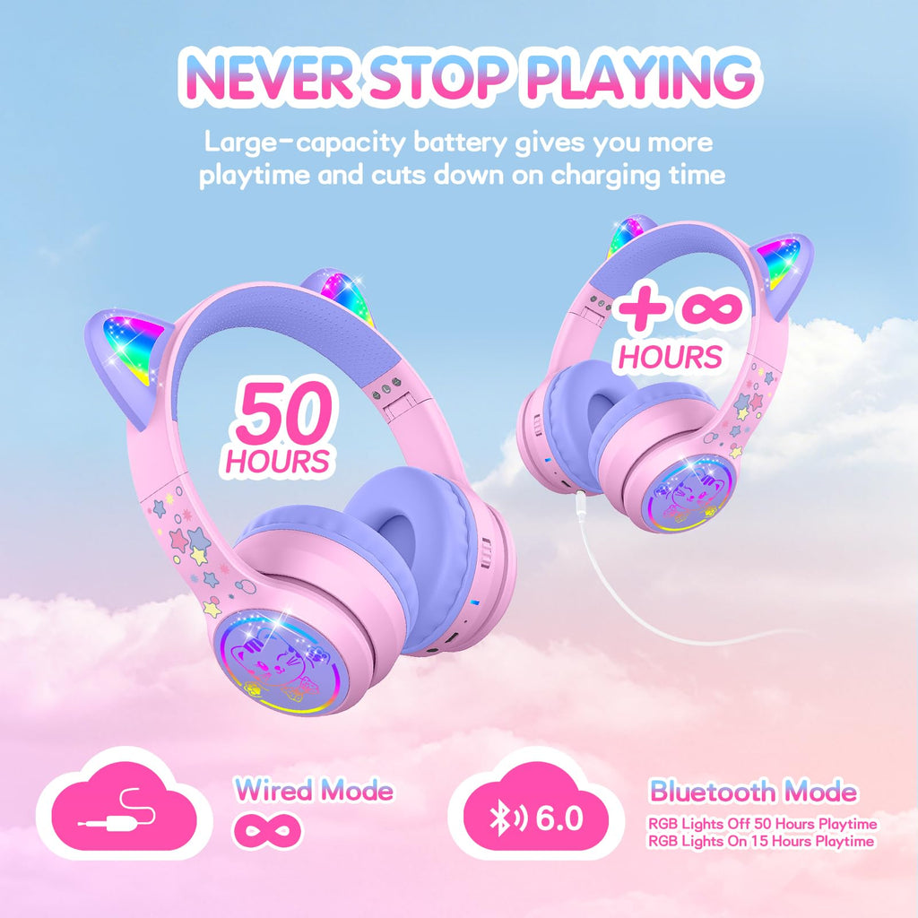 IFECCO Kids Bluetooth Headphones with Case,Cute LED Light Up Cat Ears
