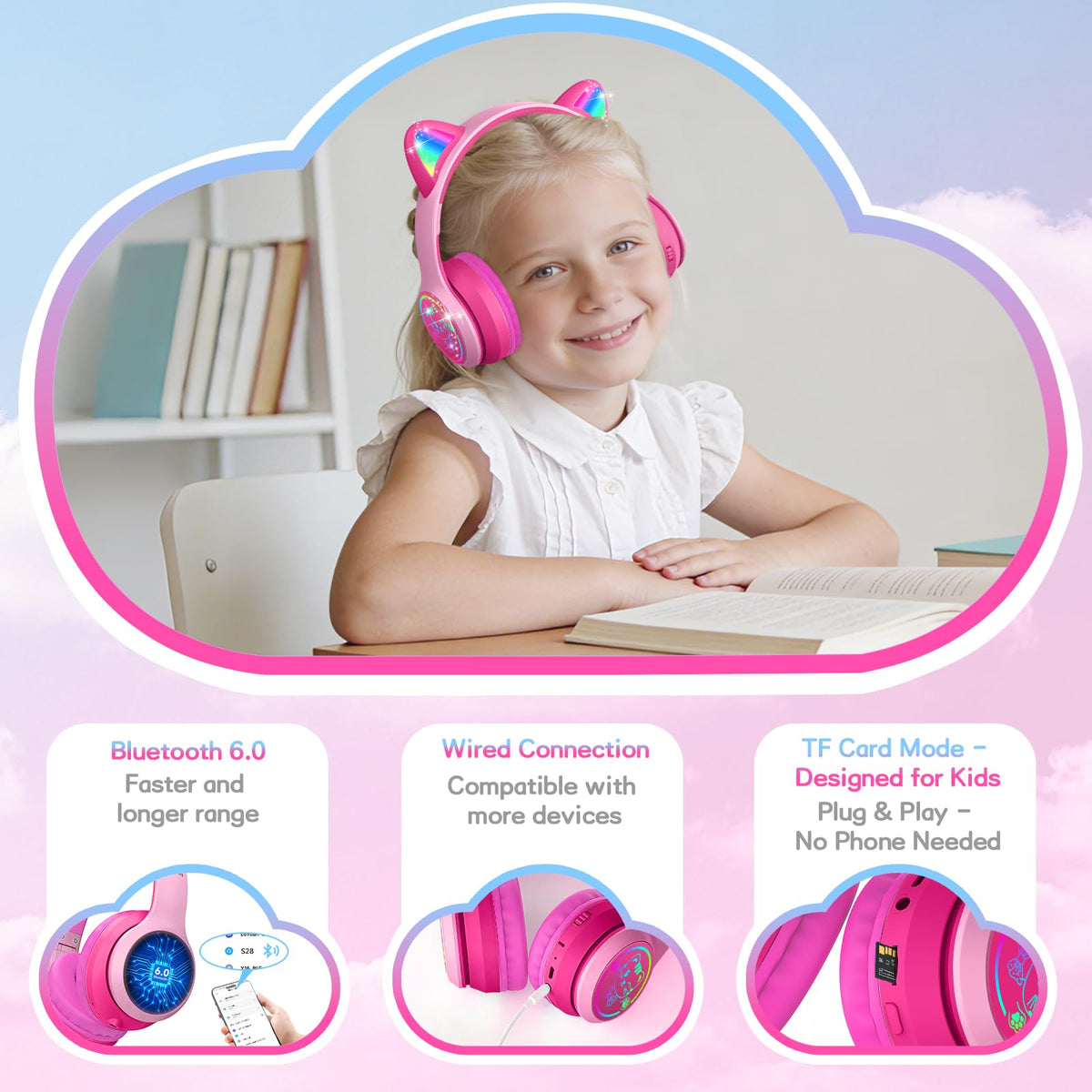 IFECCO Kids Bluetooth Headphones with Case,Cute LED Light Up Cat Ears