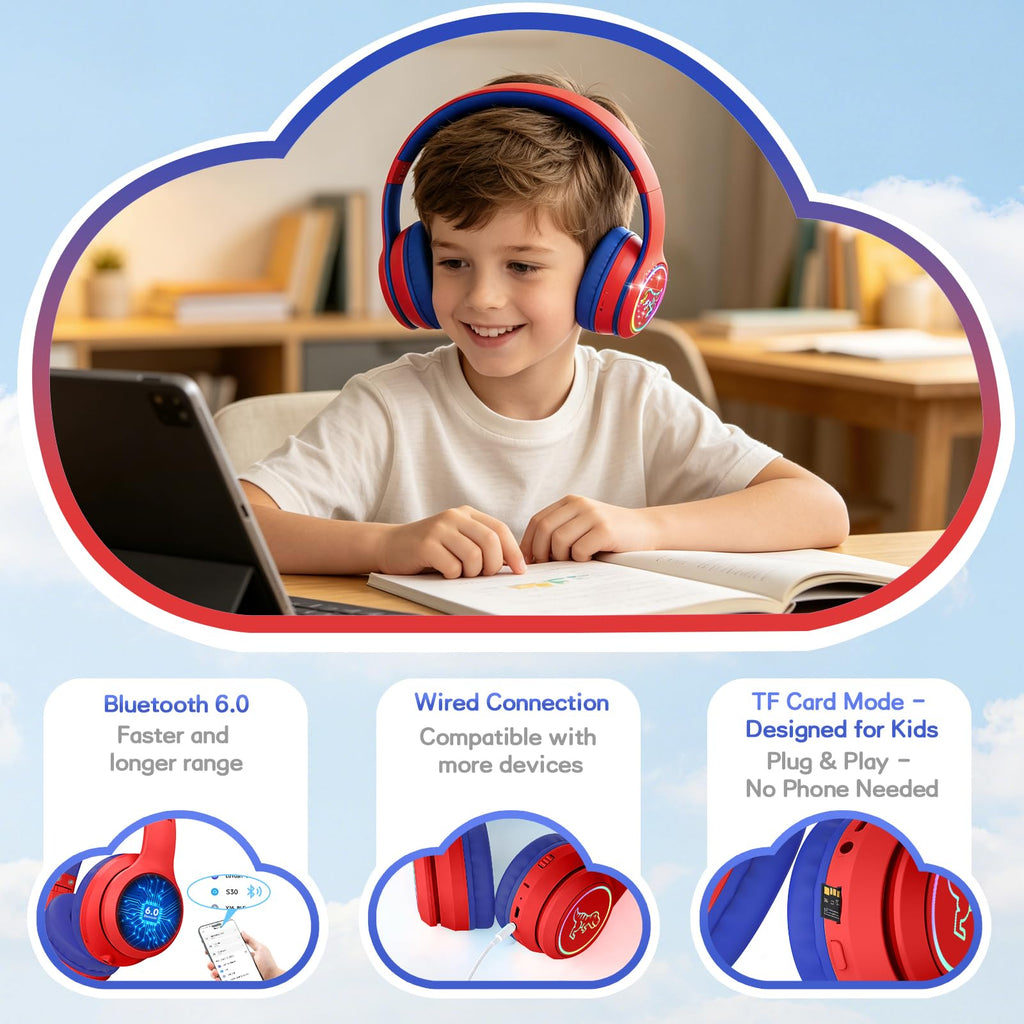 IFECCO Kids Bluetooth Headphones with Case,Cute LED Light Up Cat Ears