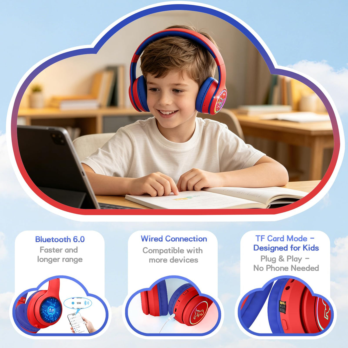 IFECCO Kids Bluetooth Headphones with Case,Cute LED Light Up Cat Ears