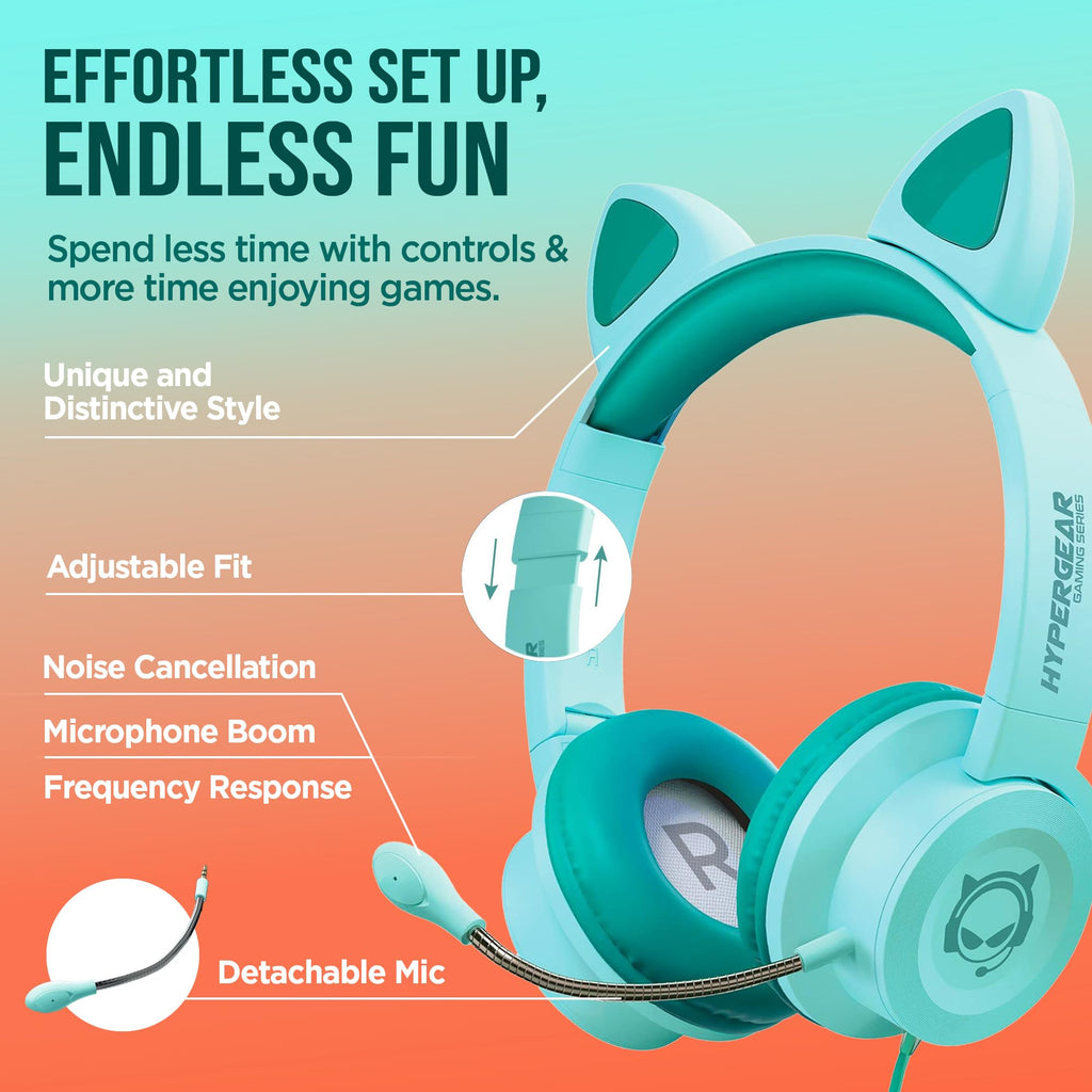 HyperGear Kombat Kitty Headphones for Kids - Cute Cat Ear Kids Headphones with Cord, Gaming Headset with Mic for Girls, Ideal for School, Home & Streaming, Pink