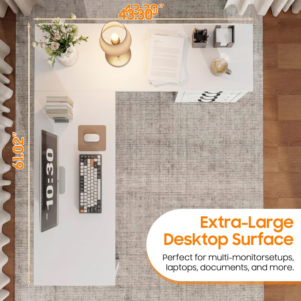 Vabches: 61" Farmhouse L-Shaped Student Study Desk with Drawers & Mobile CPU Mount