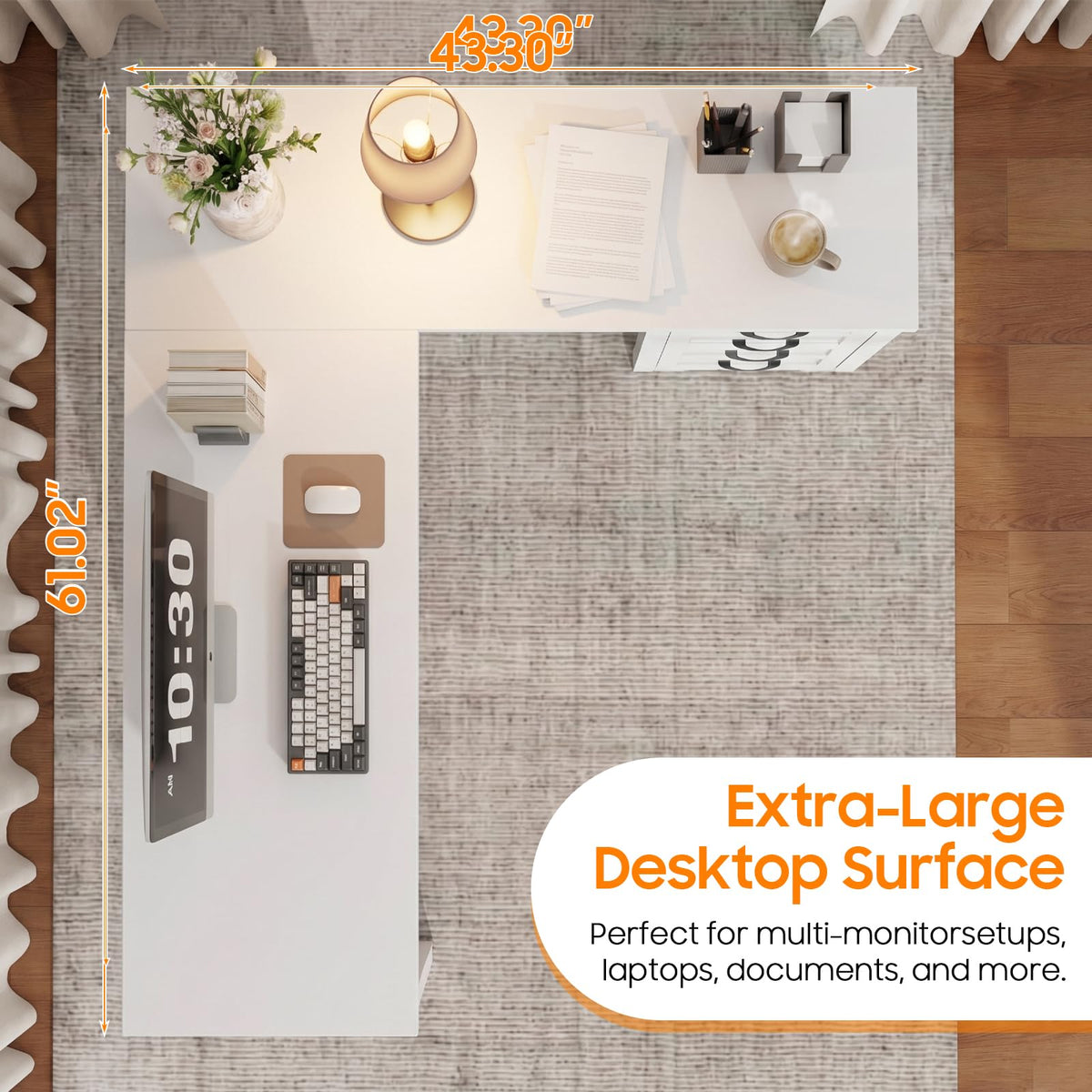 Vabches: 61" Farmhouse L-Shaped Student Study Desk with Drawers & Mobile CPU Mount