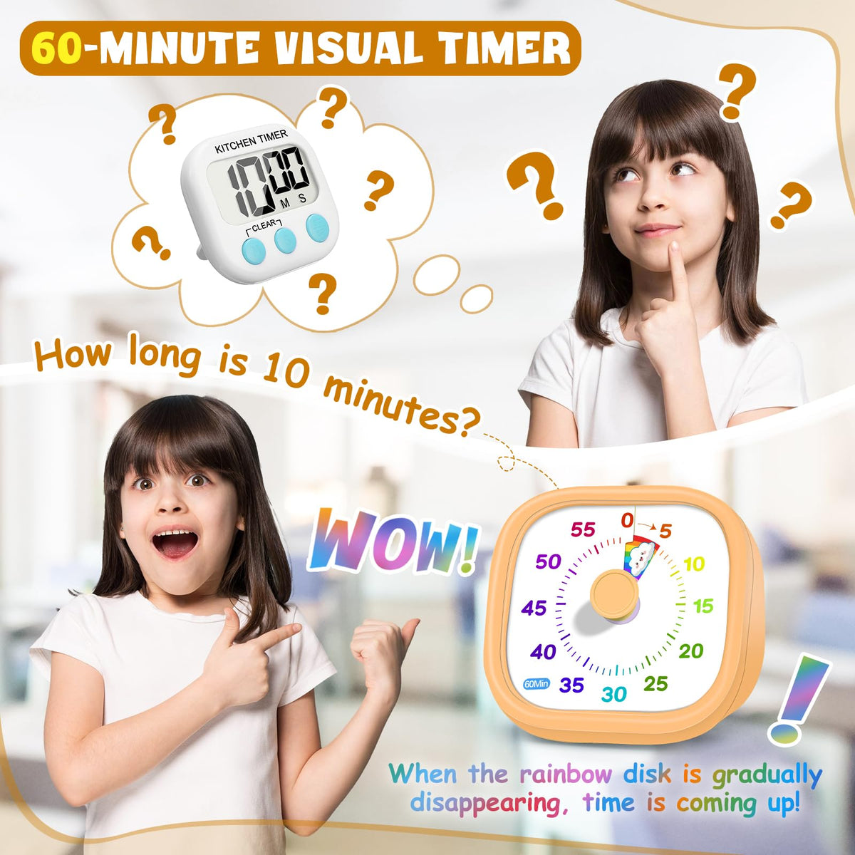 Visual Timer for Kids, 60-Minute Countdown Silent Operation Timer