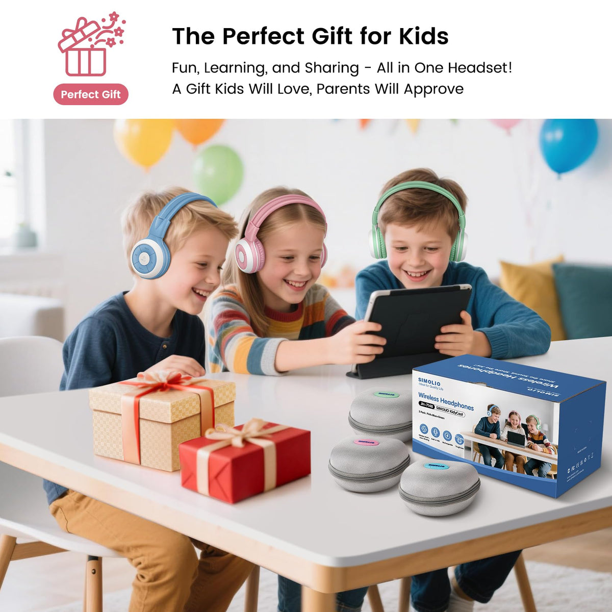 SIMOLIO Kids Wireless Headphones w/Mic for School,75/85/94dB Safe Volume
