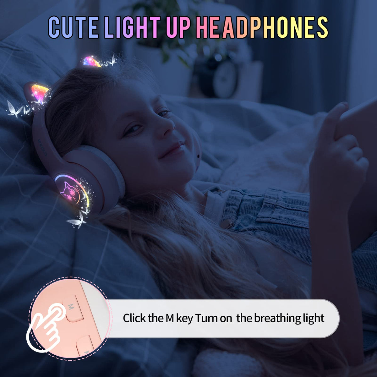IFECCO Kids Bluetooth Headphones with Case,Cute LED Light Up Cat Ears