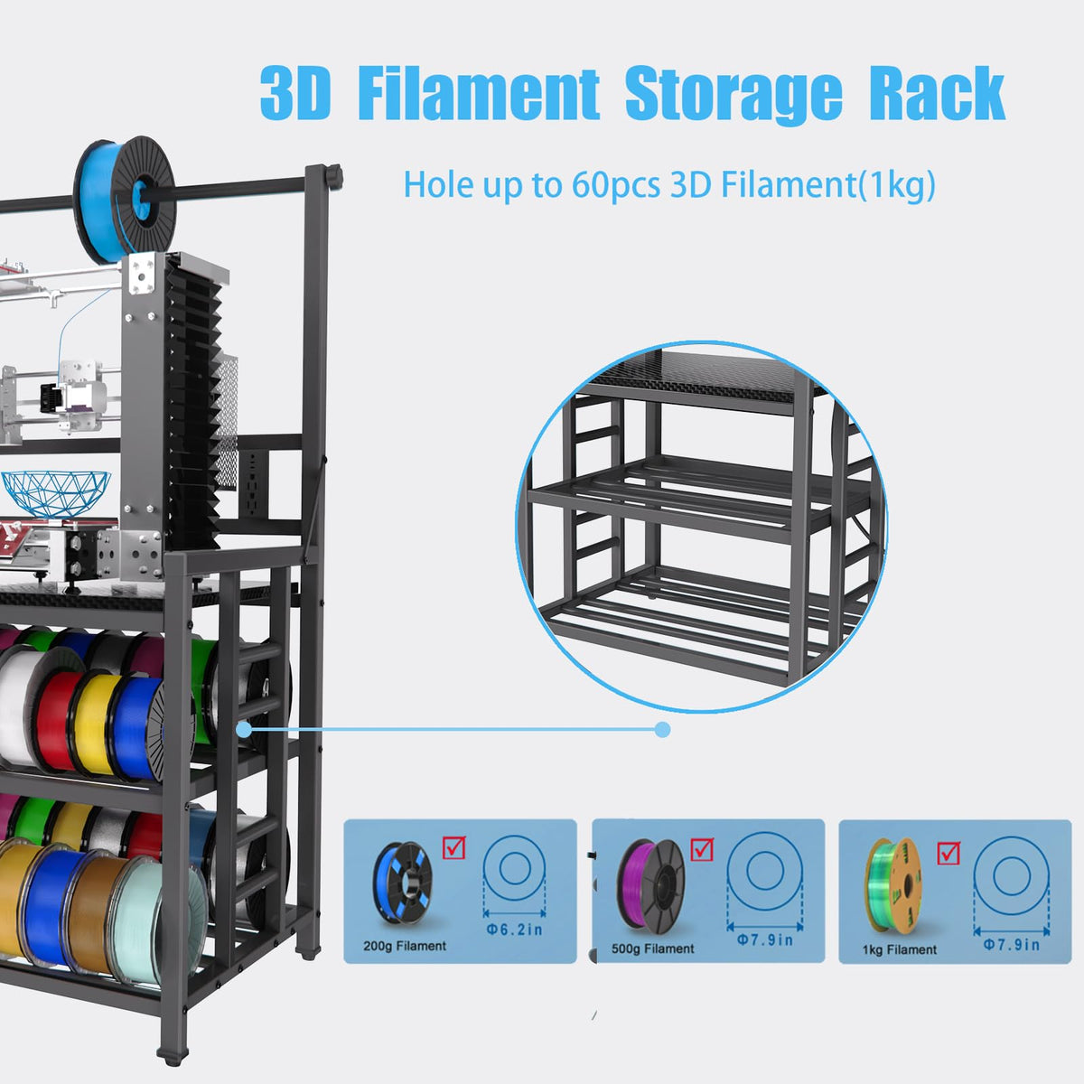 3D Printer Table with Filament Storage 3D Printer Stand with Power Outlet,Heavy Duty 3D Printer Desk for ABS, PLA, TPU Filament Spools, Home Offices and Studios Retro Brown