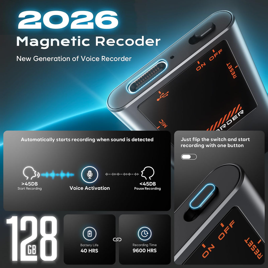 72GB(8400H) Magnetic Voice Recorder, Voice Activation & AI Noise Reduction