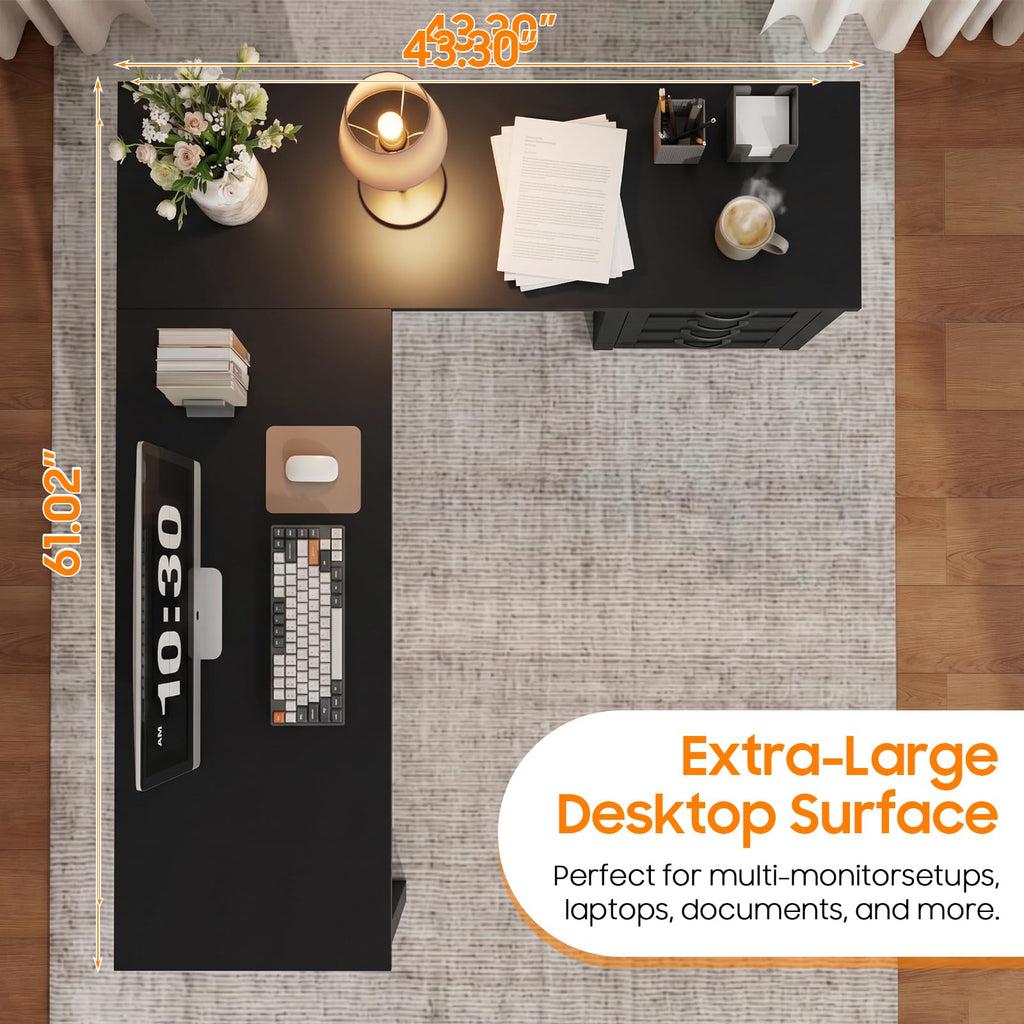 Vabches: 61" Farmhouse L-Shaped Student Study Desk with Drawers & Mobile CPU Mount