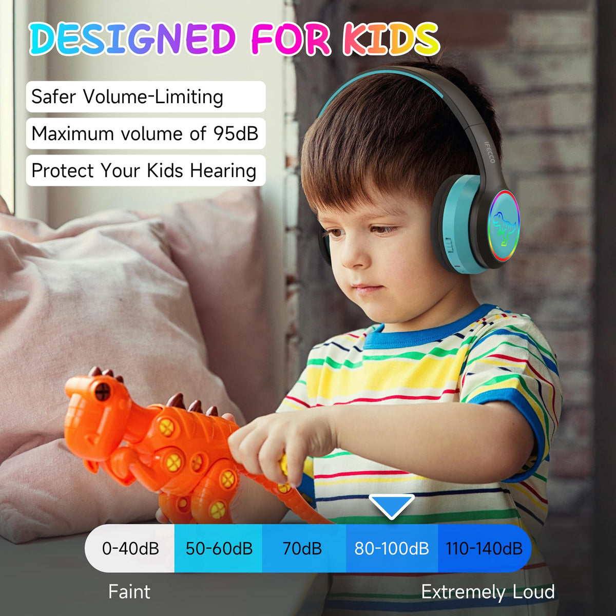 IFECCO Kids Bluetooth Headphones with Case,Cute LED Light Up Cat Ears