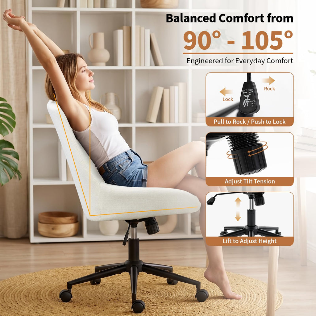 Home Armless Office Desk Chair, Linen Small Computer Chair with Adjustable Height, Removable Cushion, Comfy Rolling 360° Swivel Vanity Task Chair, Blue