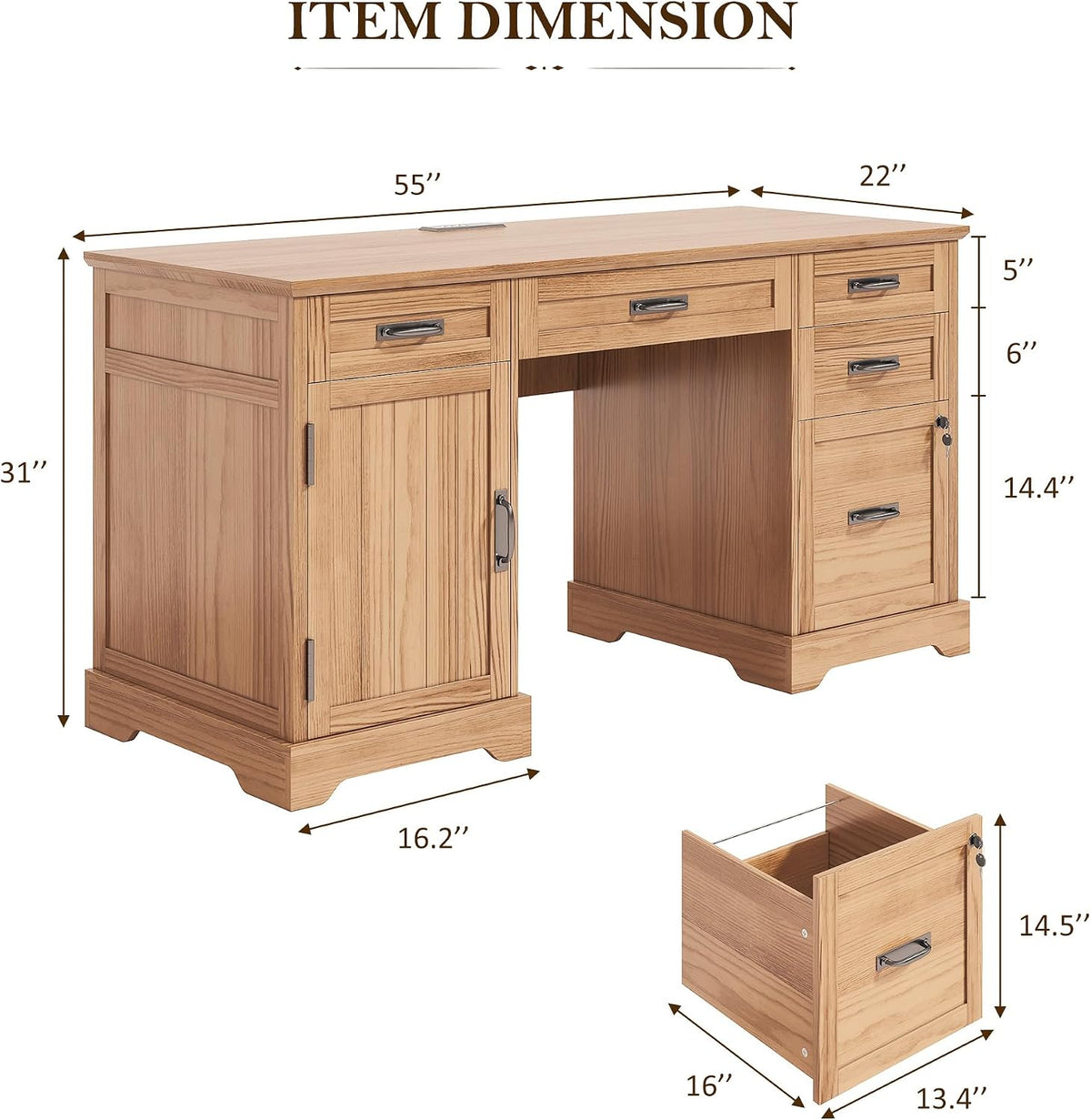 Whalefall: 55" Farmhouse Executive Desk with Drawers & Charging Station