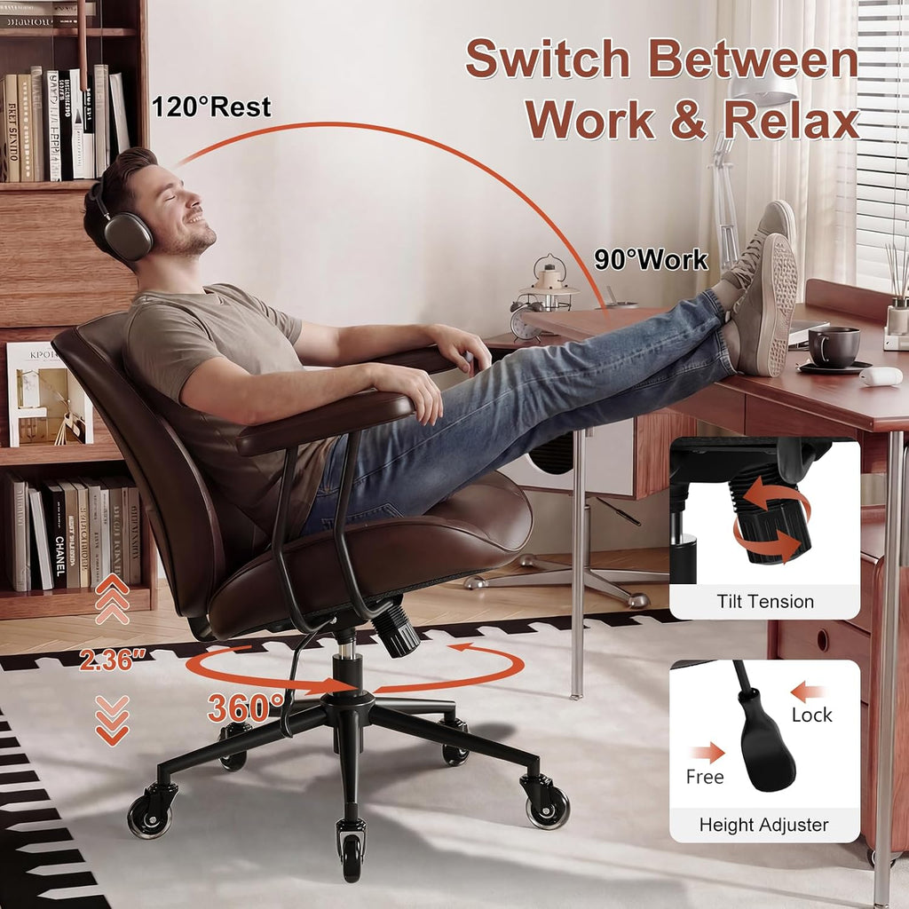 BFZ Leather Home Office Desk Chair with Lumbar Support, Brown
