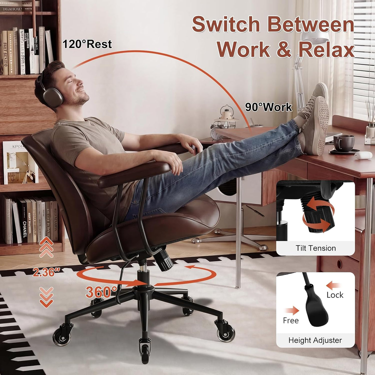 BFZ Leather Home Office Desk Chair with Lumbar Support, Brown