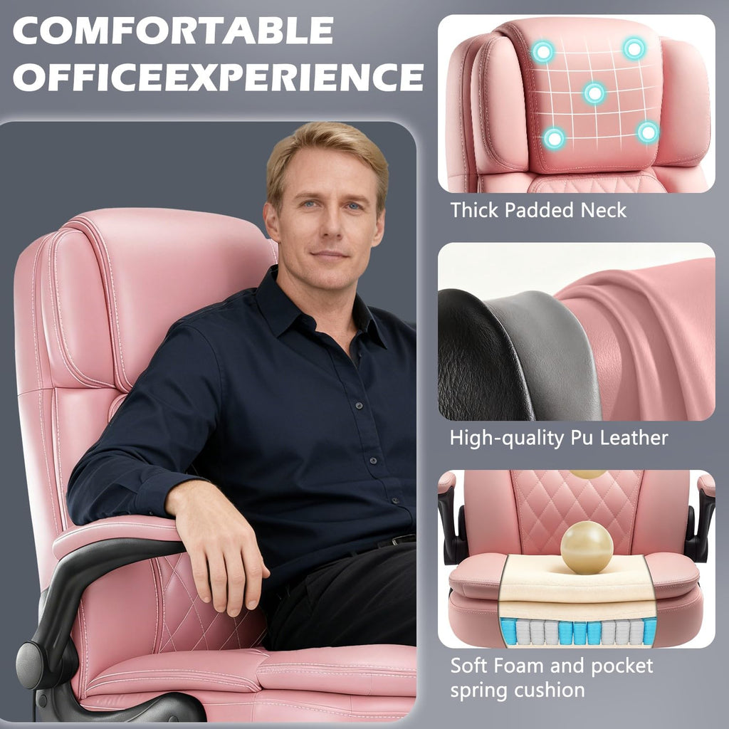 450LBS Big and Tall Executive Office Chair with Flip up Arm, Heavy Duty PU Leather Computer Desk Chair,Comfortable High Back Swivel Home Office Chair with Rolling for Adults,Spring Cushion,Metal Base