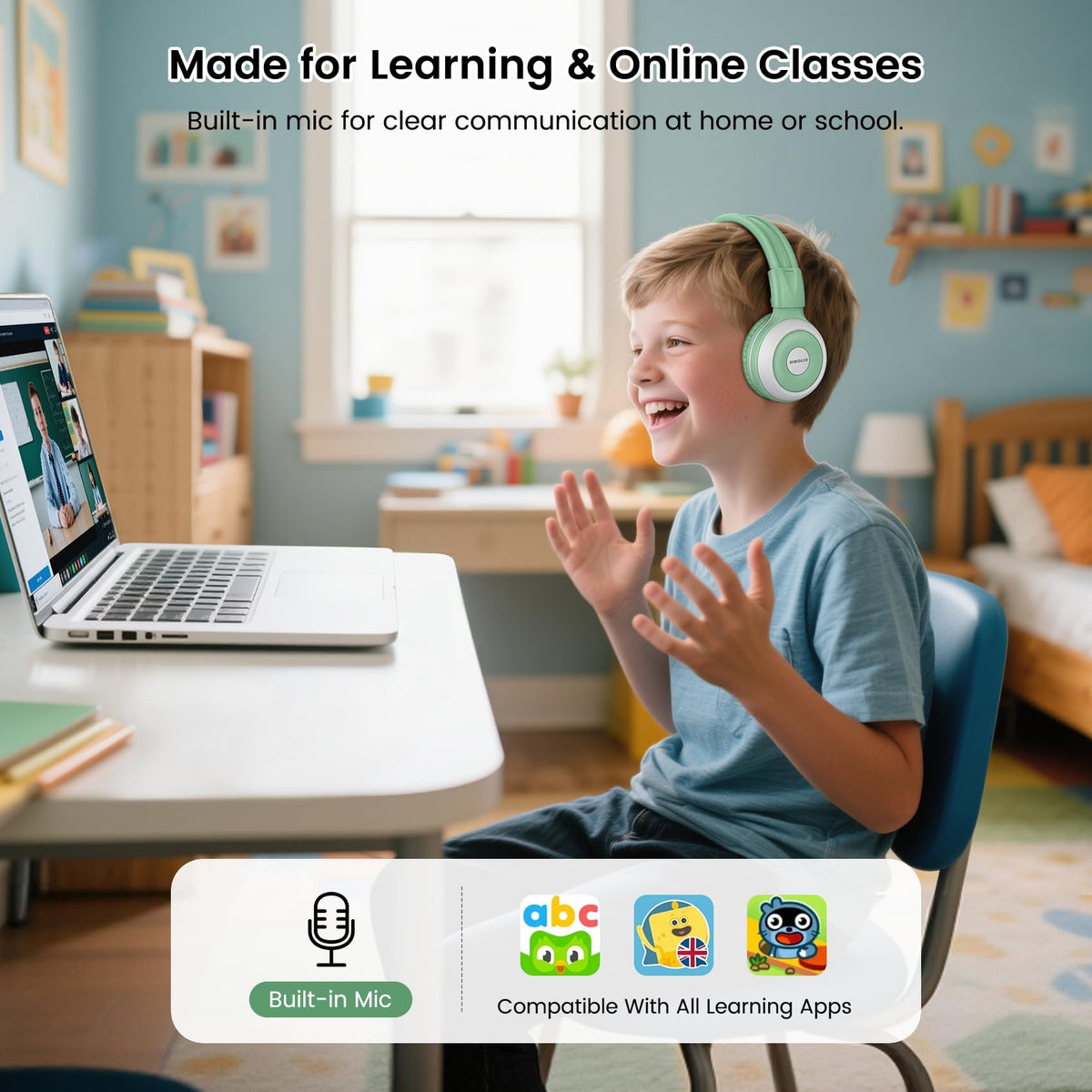 SIMOLIO Kids Wireless Headphones w/Mic for School,75/85/94dB Safe Volume