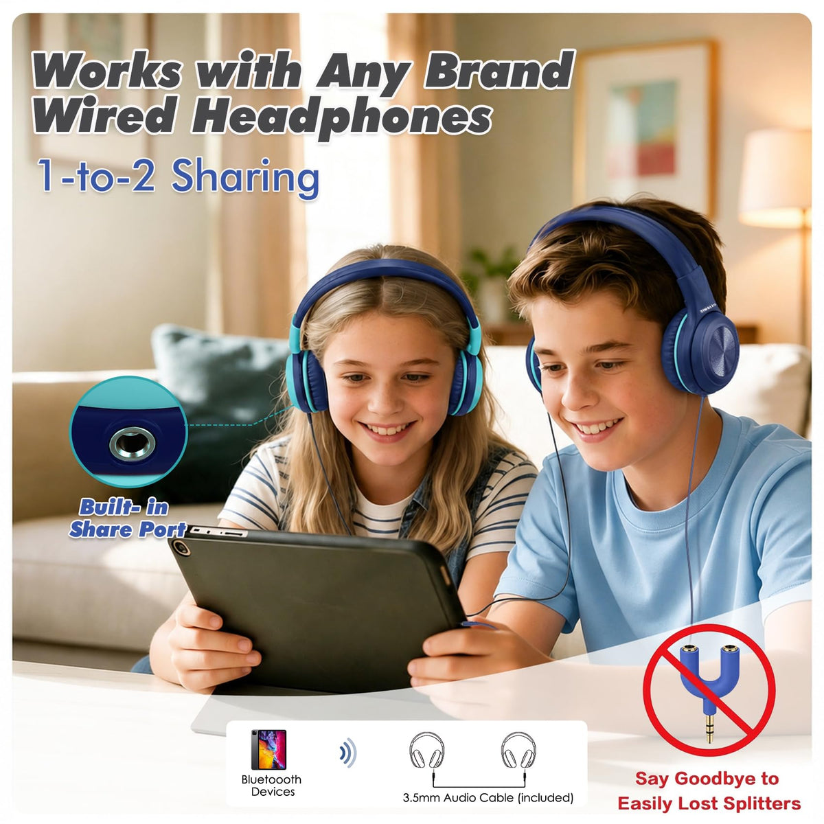 SIMOLIO Kids Wireless Headphones w/Mic for School,75/85/94dB Safe Volume