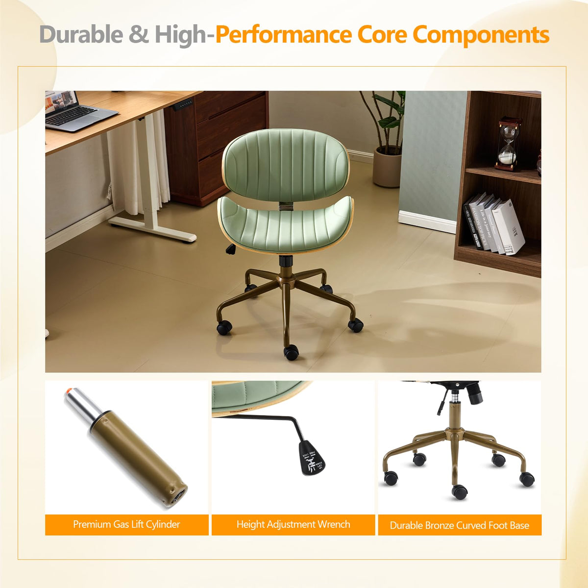 VINGLI Wide Comfotable Swivel Home Office Chair with Wood-Grain Curved Shell,Ergomomic Mid-Back Padded Armless Modern Desk Chair with Wheels,Height Adjustable for Computer,Task,Work,Microfiber,Rustic