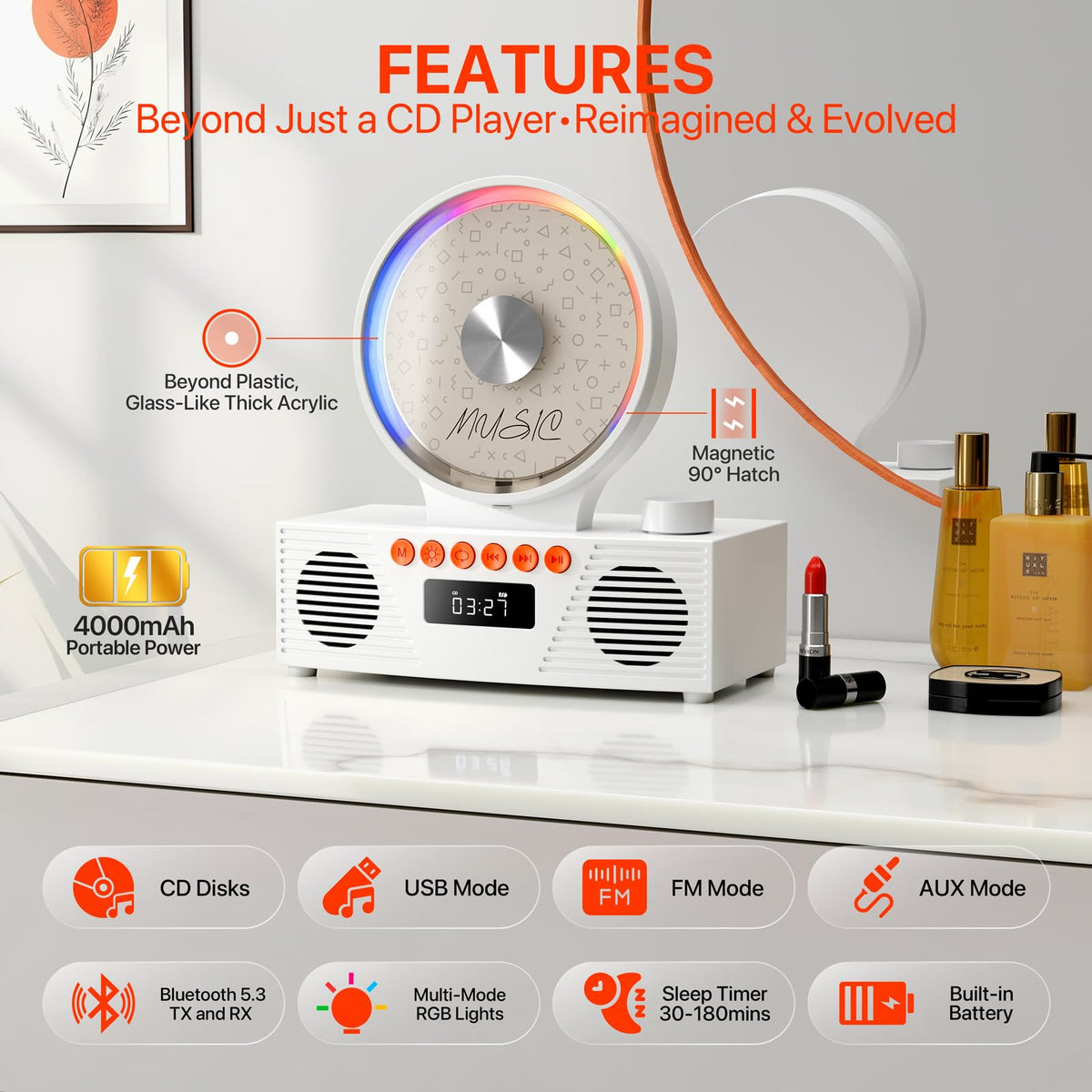 ROADOM KC607 Rechargeable Bluetooth CD Player for Learning (K–12)
