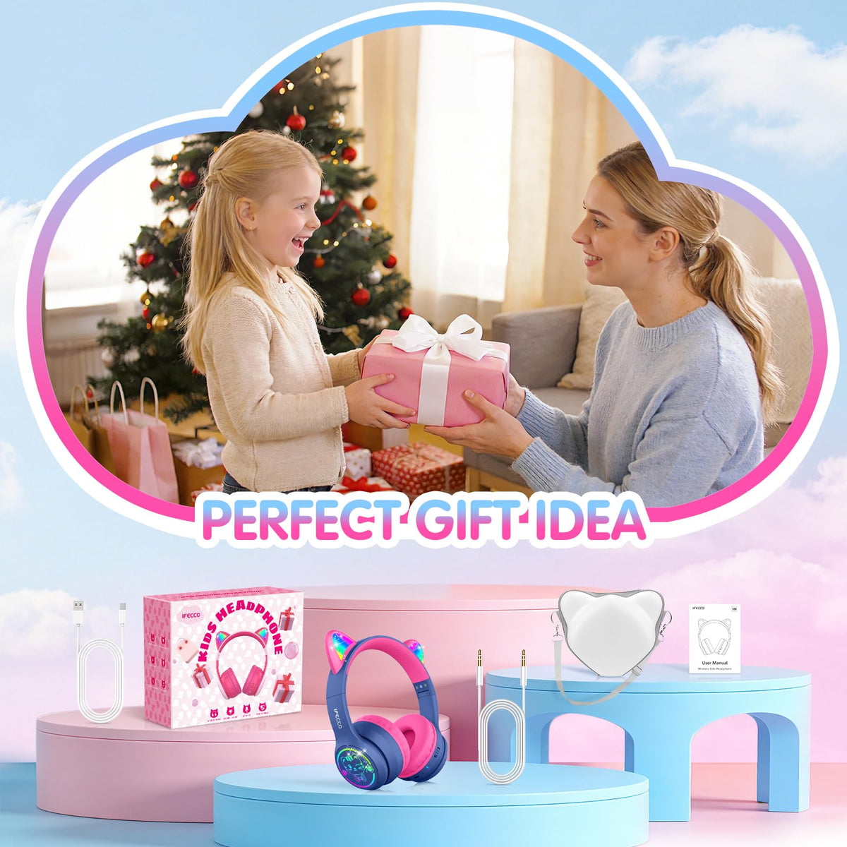 IFECCO Kids Bluetooth Headphones with Case,Cute LED Light Up Cat Ears
