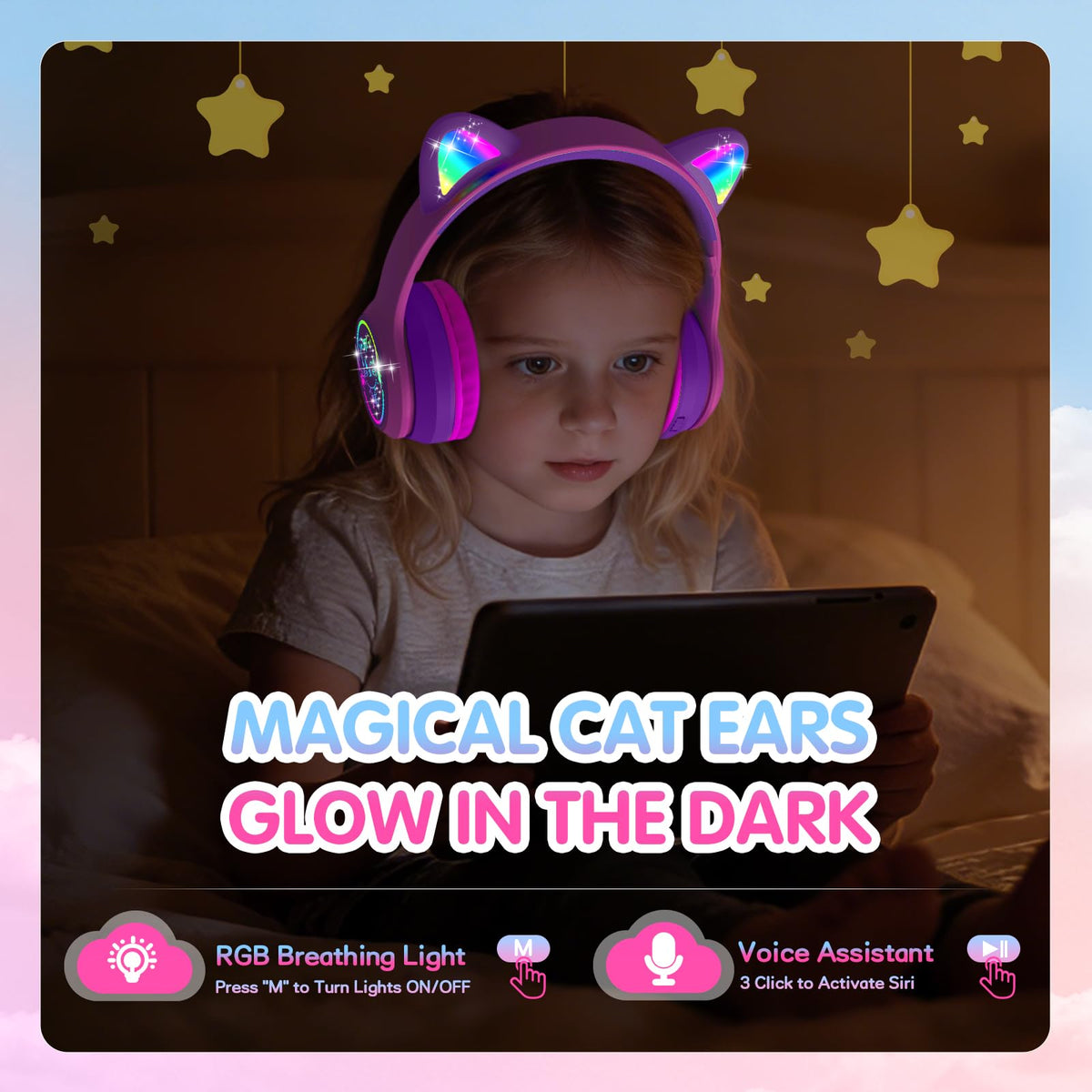 IFECCO Kids Bluetooth Headphones with Case,Cute LED Light Up Cat Ears