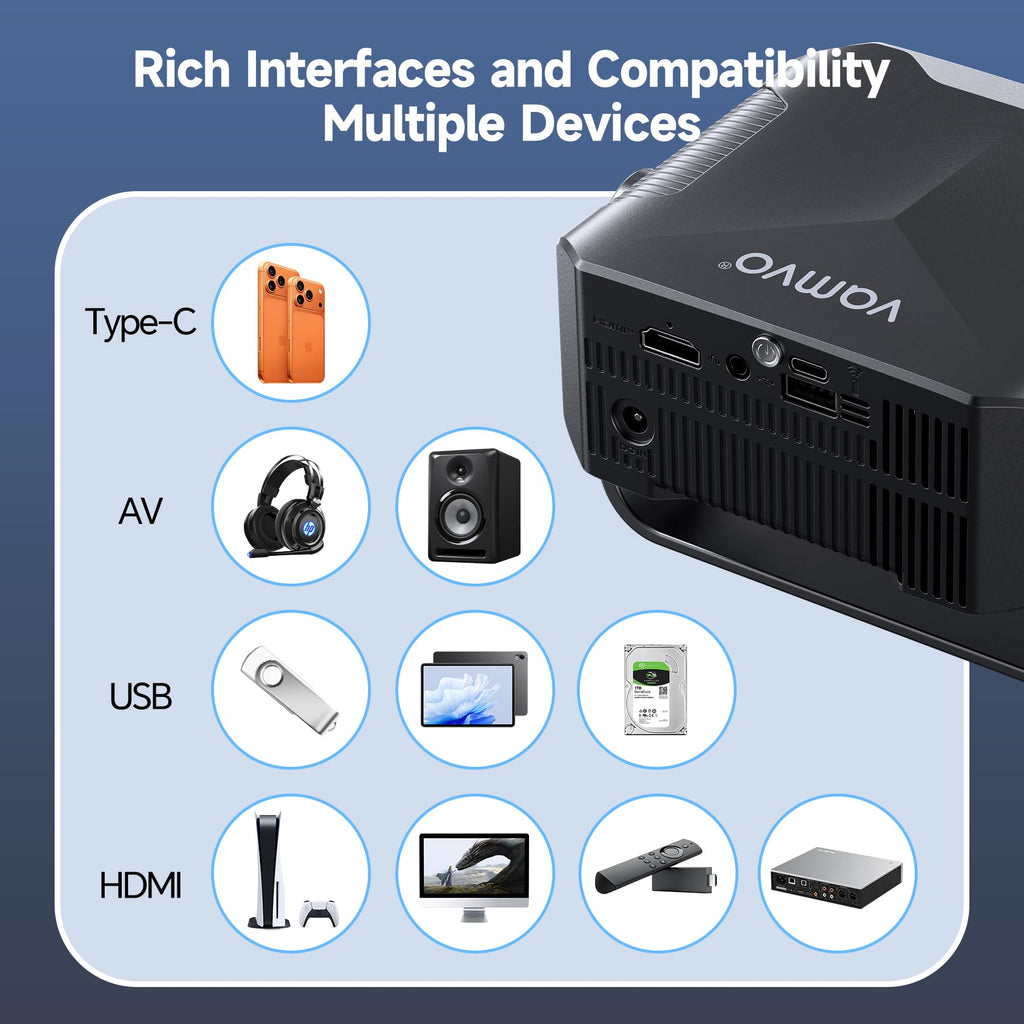 Projector with WiFi and Bluetooth, Auto Keystone, Remote, Focus HDMI USB Compatible with iOS/Android Phone, Laptop, TV Stick, PS5, Home Theater (Black-Yellow)