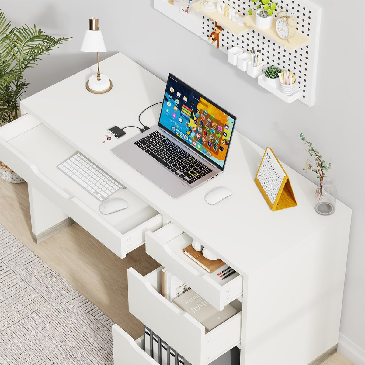MaverickFurni White Desk with Drawers, 48 Inch Small Computer Desk