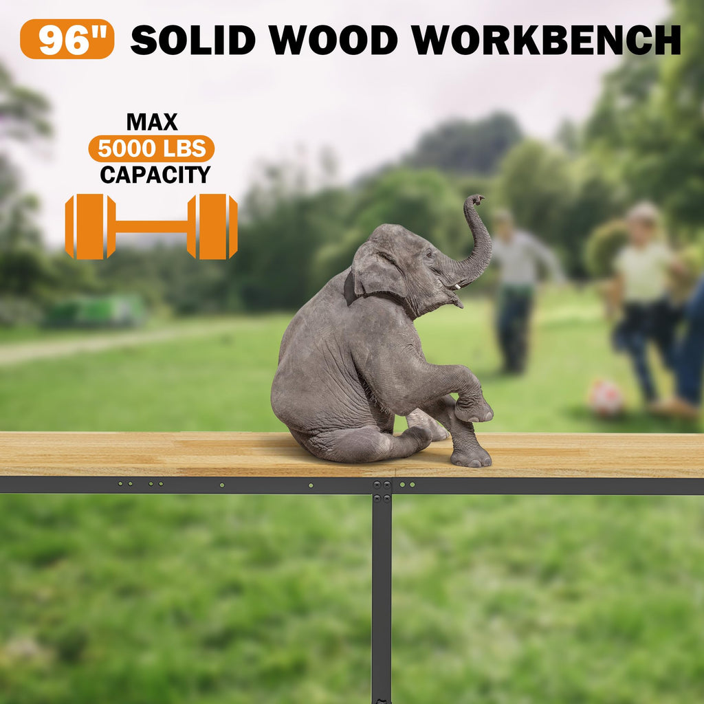 Betterhood 48" Heavy-Duty Adjustable Workbench for Garage, Rubber Wood Shop Table W/Metal Wheels, Hardwood Workstation Weight Capacity Over 2000 Lbs with Wheels