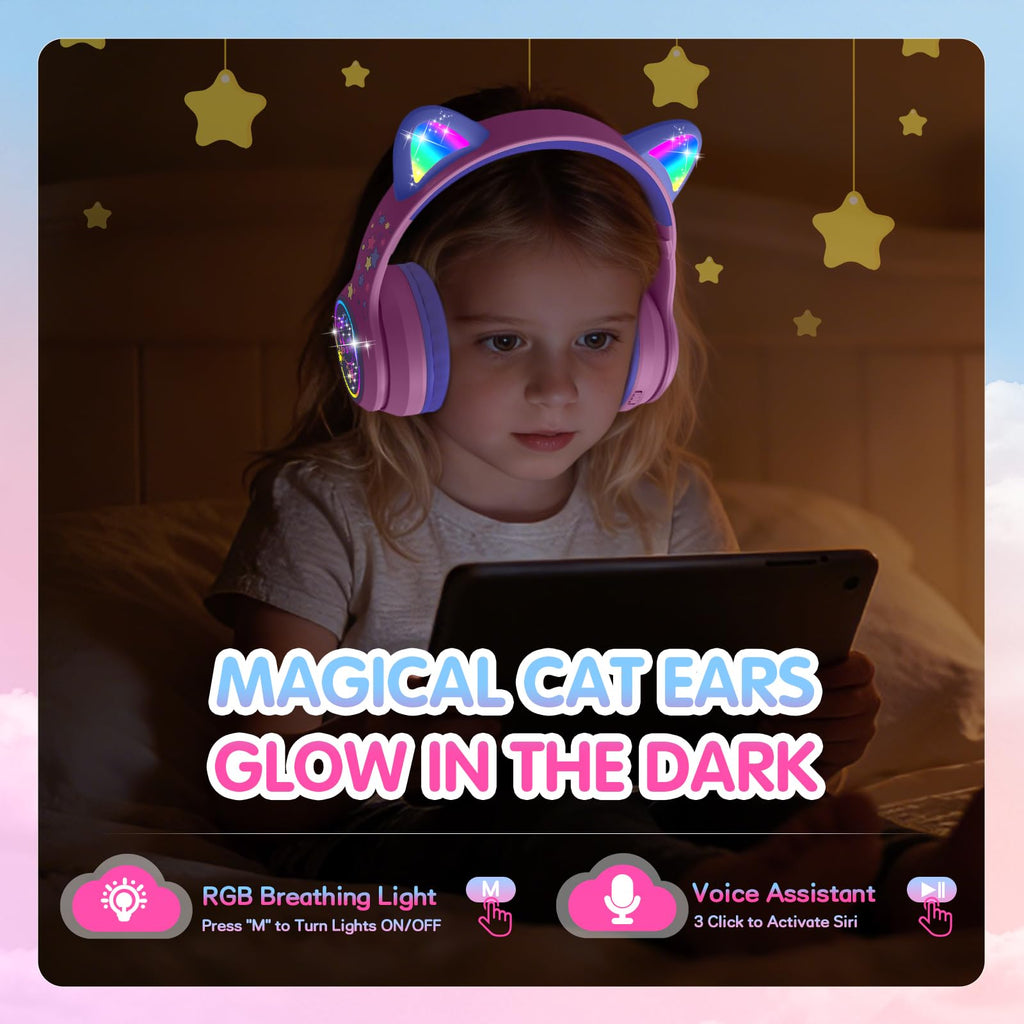 IFECCO Kids Bluetooth Headphones with Case,Cute LED Light Up Cat Ears